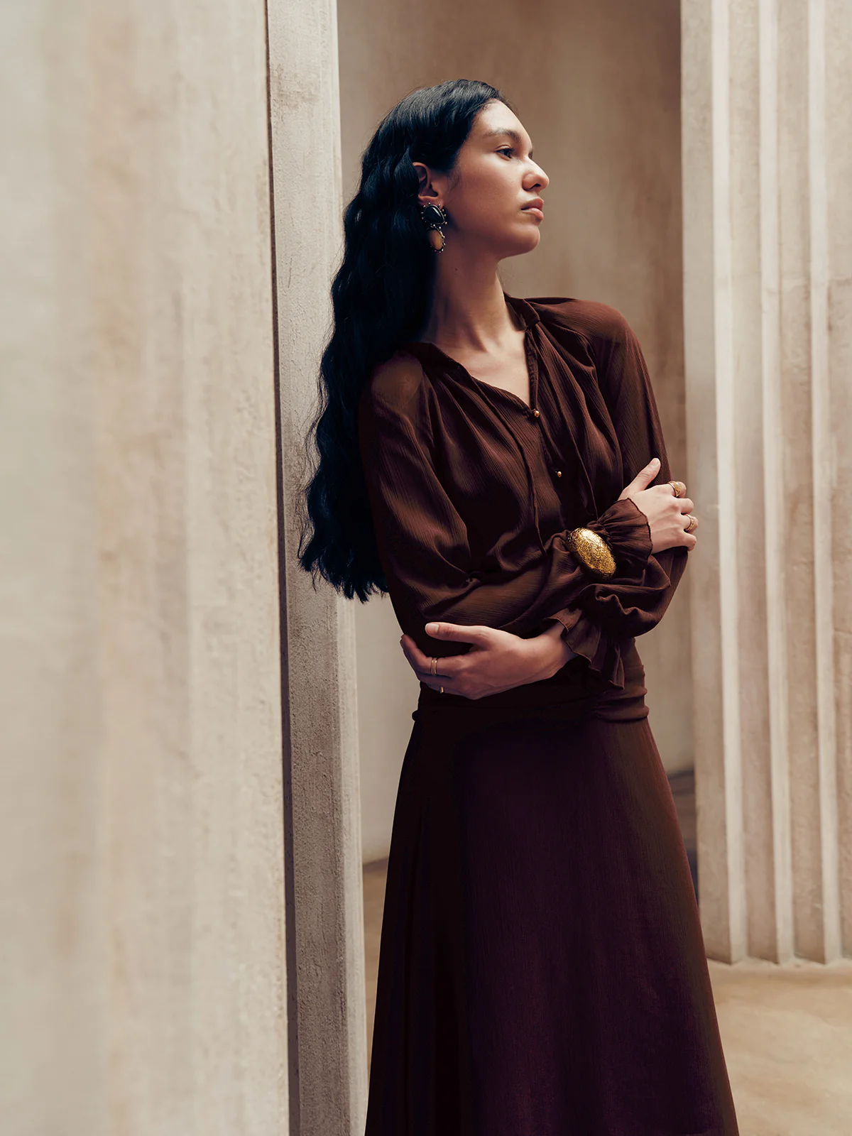 Tie-Neck Ruched Chiffon Maxi Dress - Wholesalesil