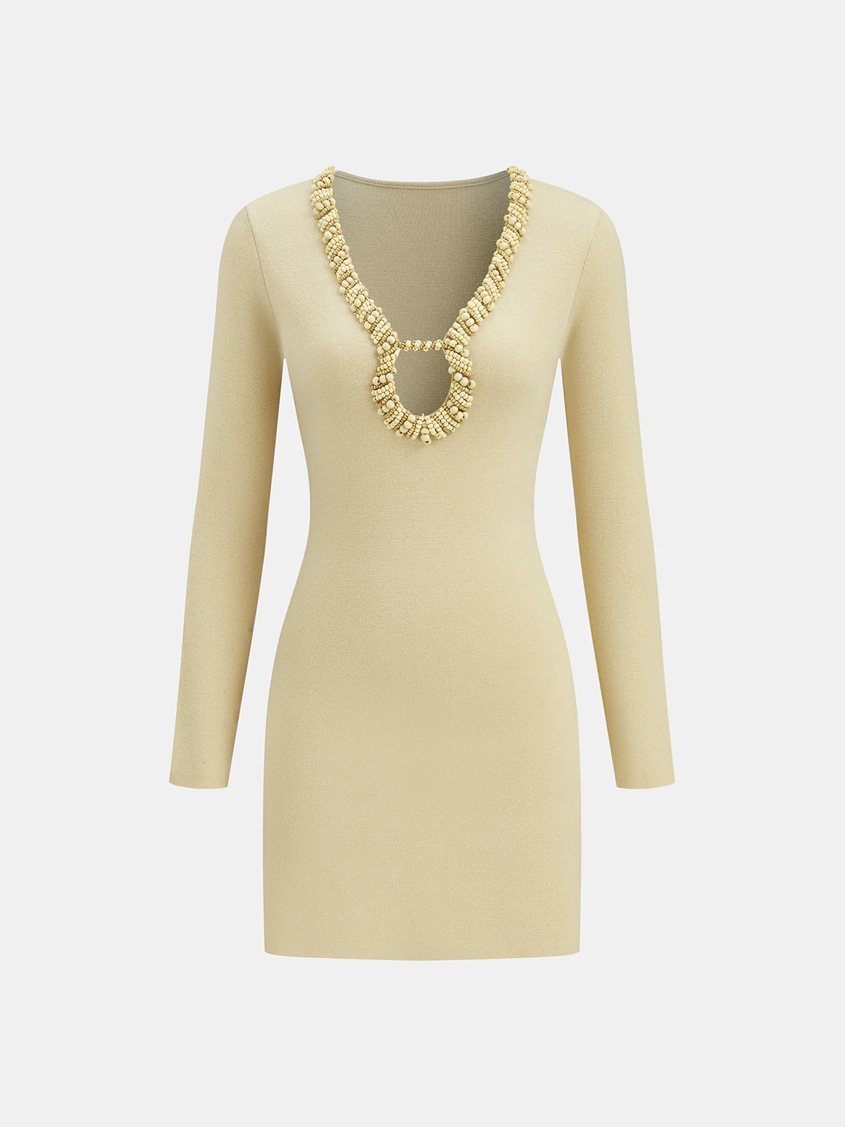 Wool Blend Beaded Cut-Out Neckline Long Sleeve Dress - Wholesalesil