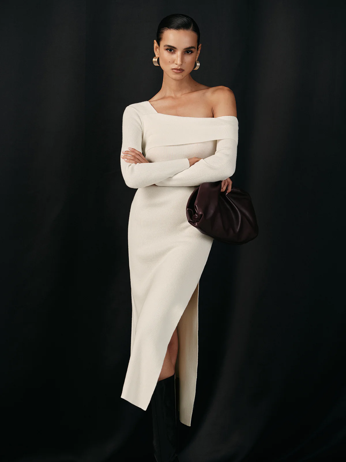 One Shoulder Wool Blend Knit Midi Slit Dress - Wholesalesil