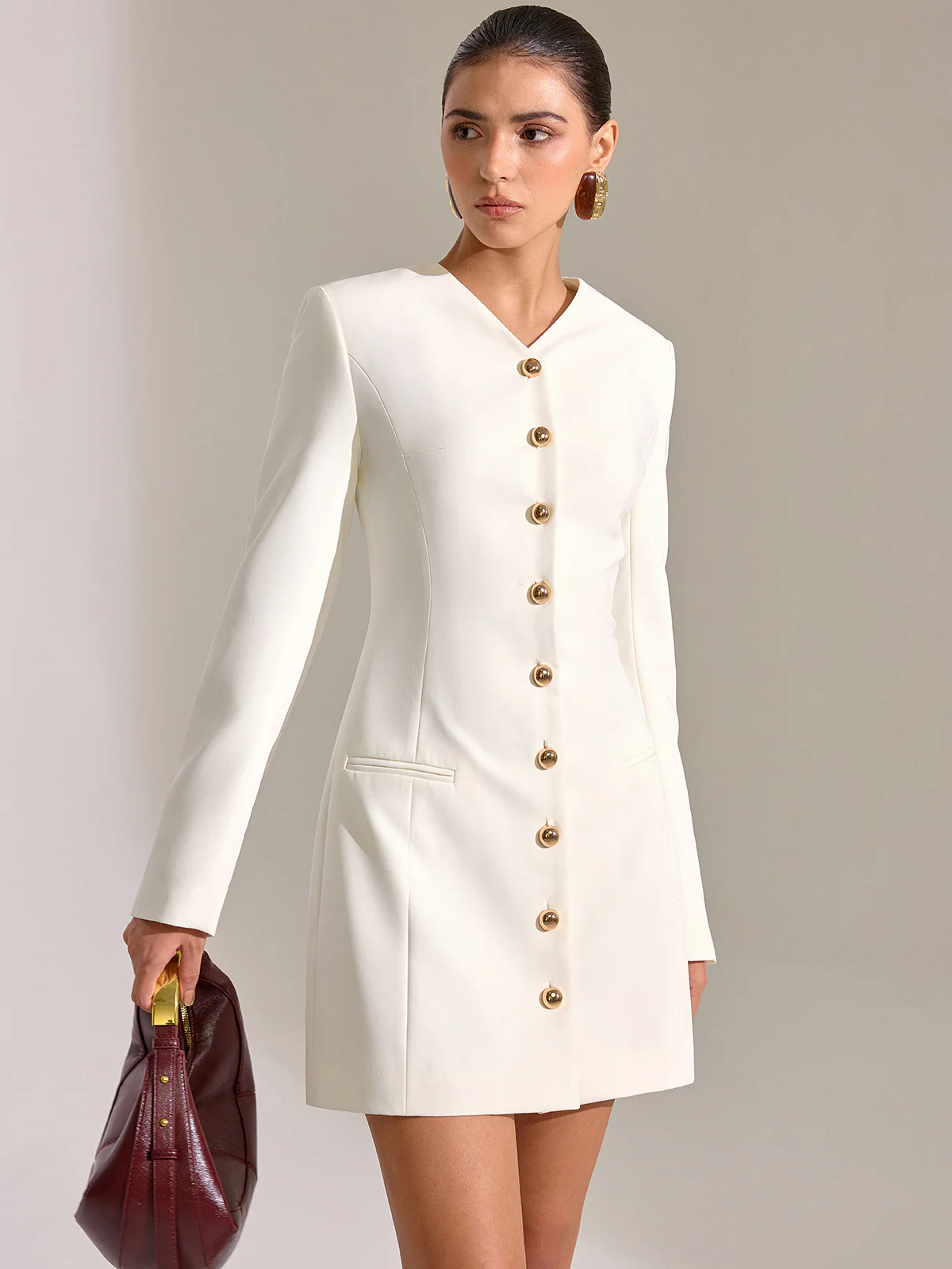 Metal Button-Front V-Neck Mini Dress - Wholesalesil