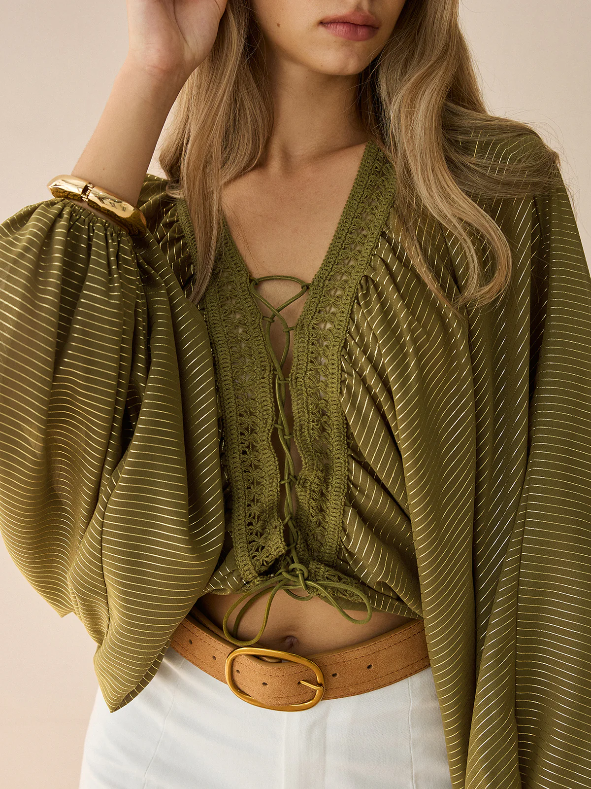 Semi-Sheer Striped Lace-Up Blouse with Batwing Sleeves - Wholesalesil