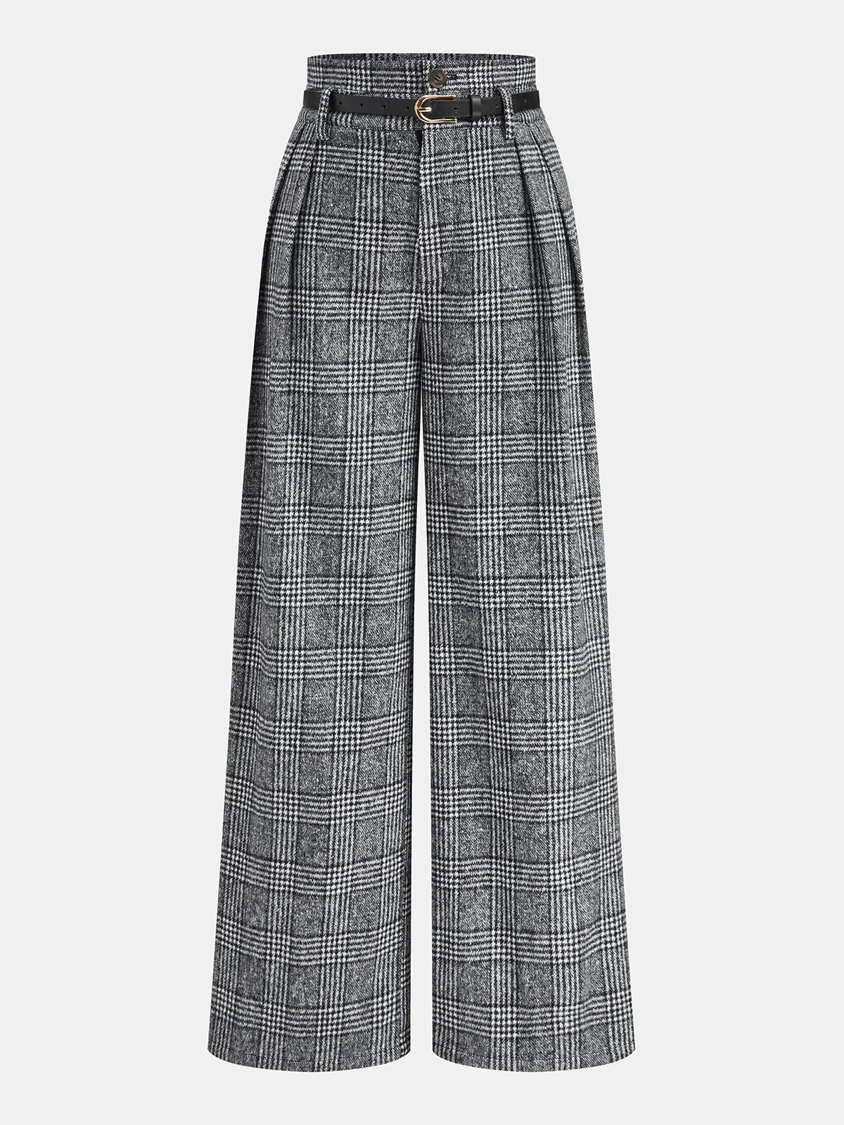 Belted Plaid High-Waisted Pants - Wholesalesil