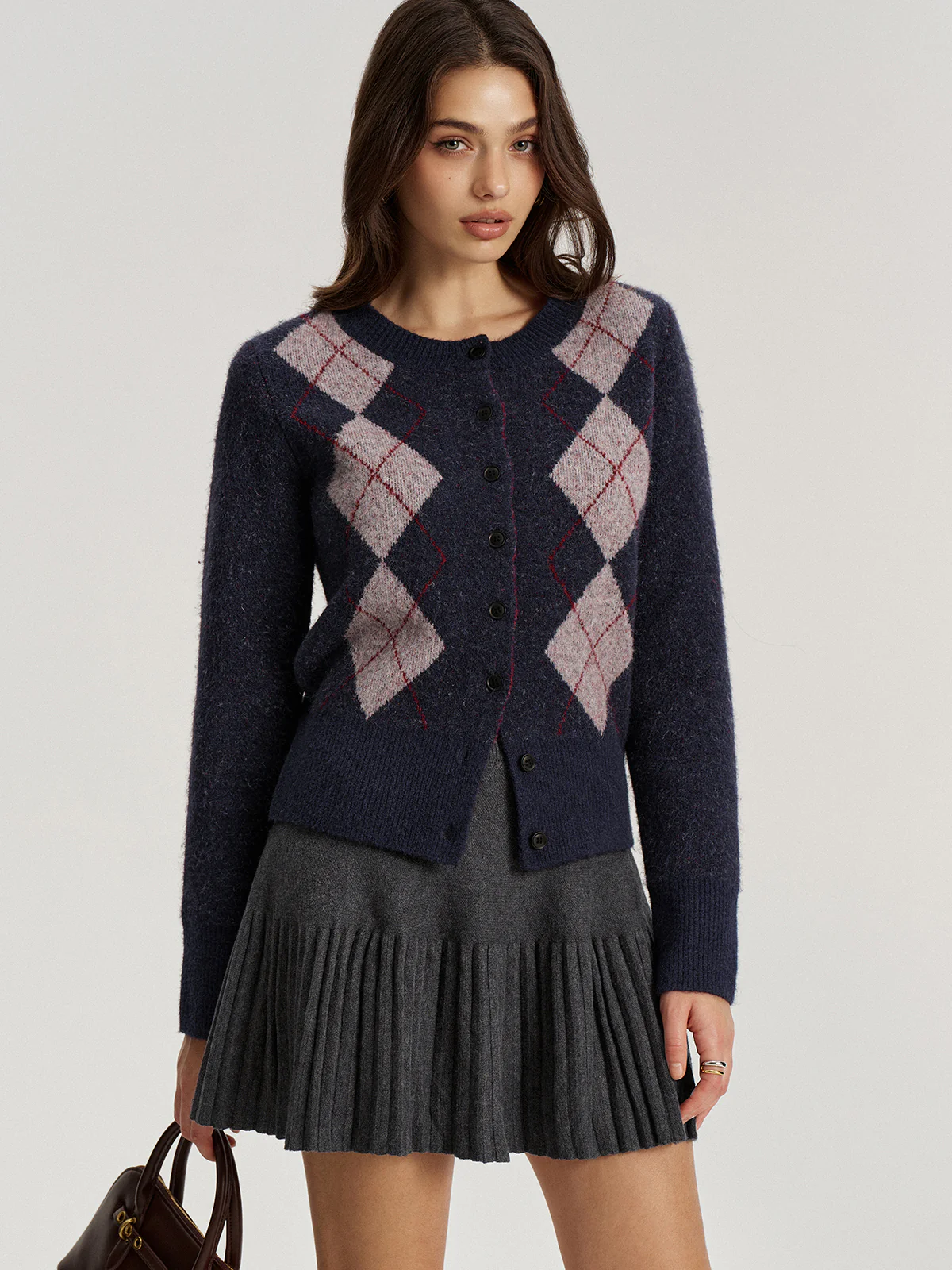 Argyle Jacquard Wool Blend Cardigan - Wholesalesil