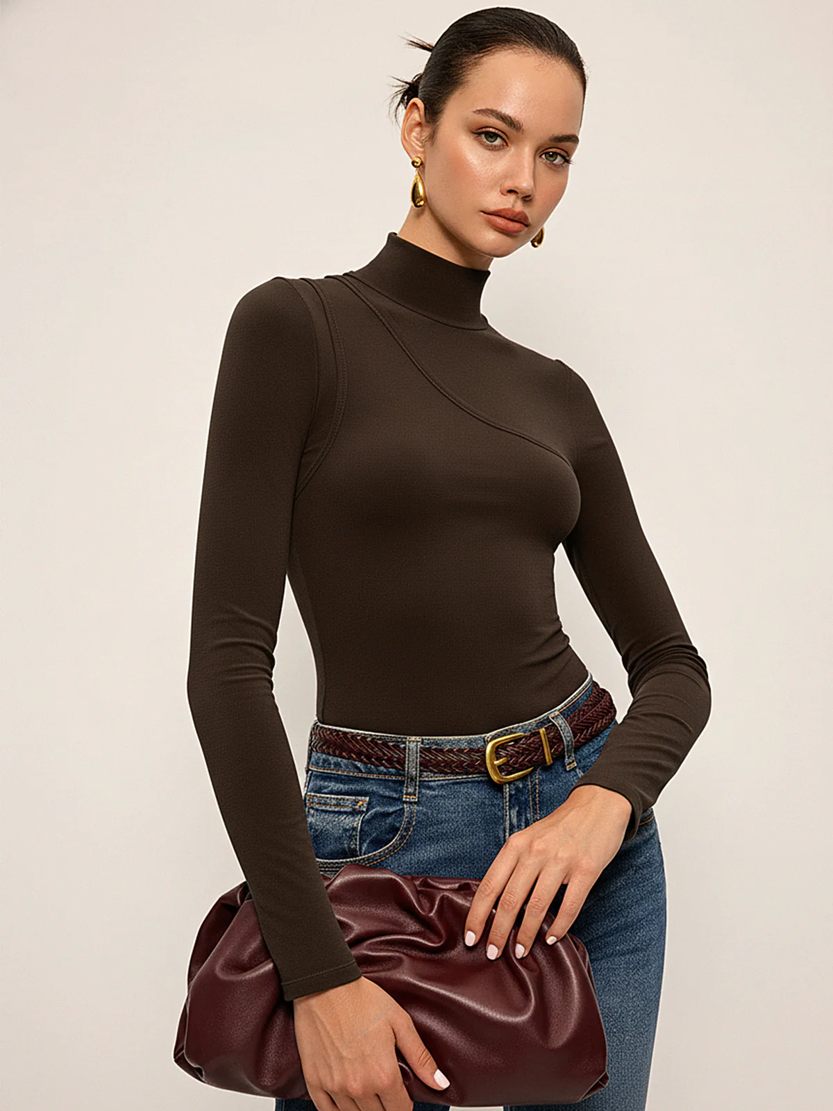 Seam Detail Mock Neck Long-Sleeve T-Shirt - Wholesalesil