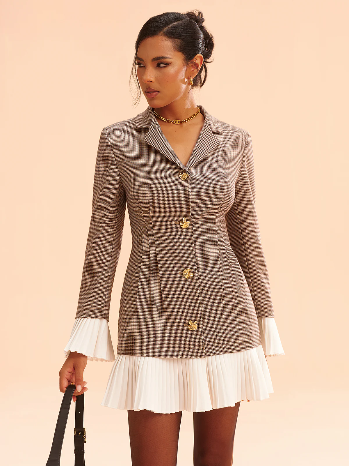 Pleated Hem Panel Houndstooth Blazer Dress - Wholesalesil