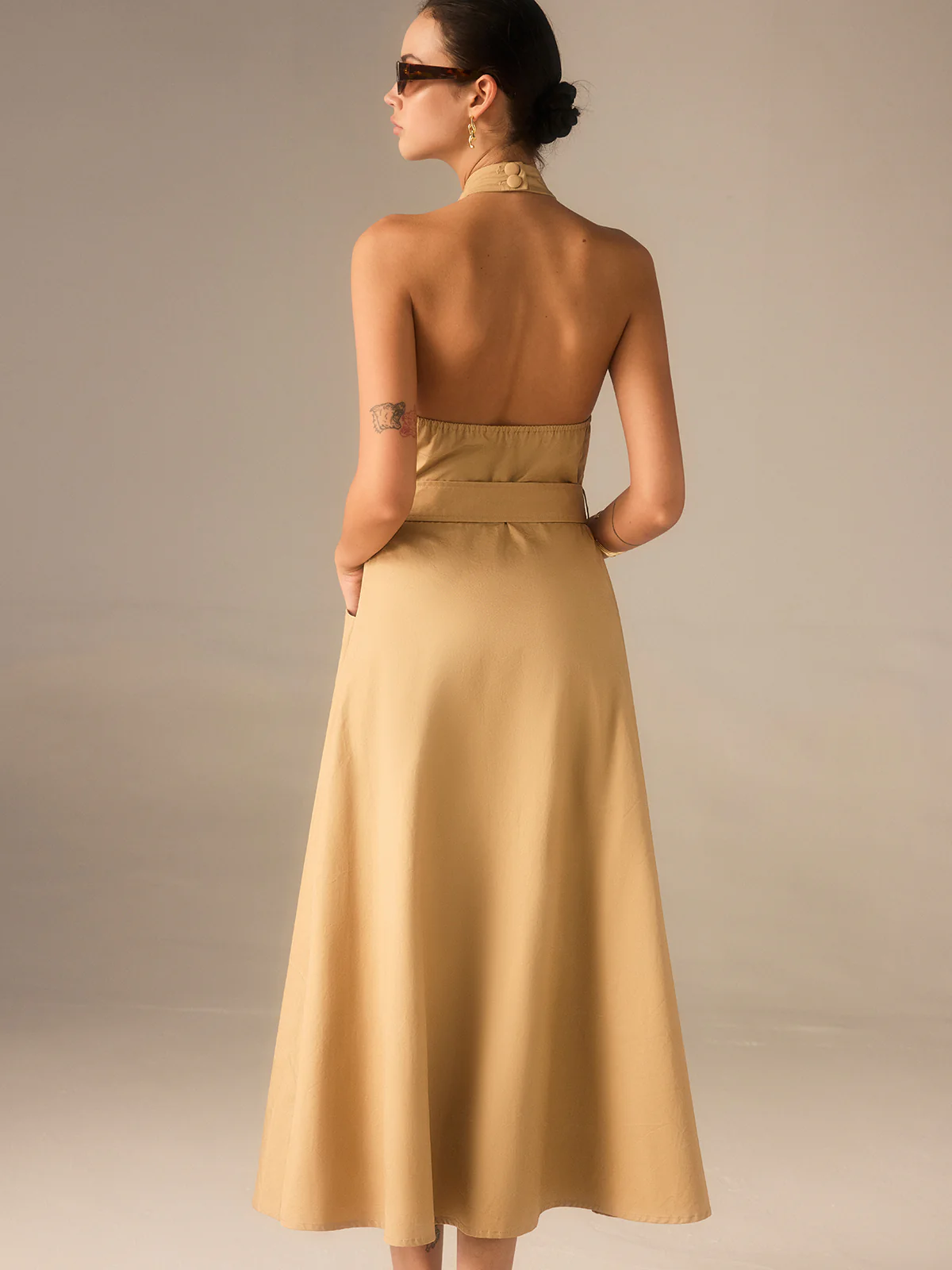 Cotton Pleated Halter Neck Belted Midi Dress - Wholesalesil