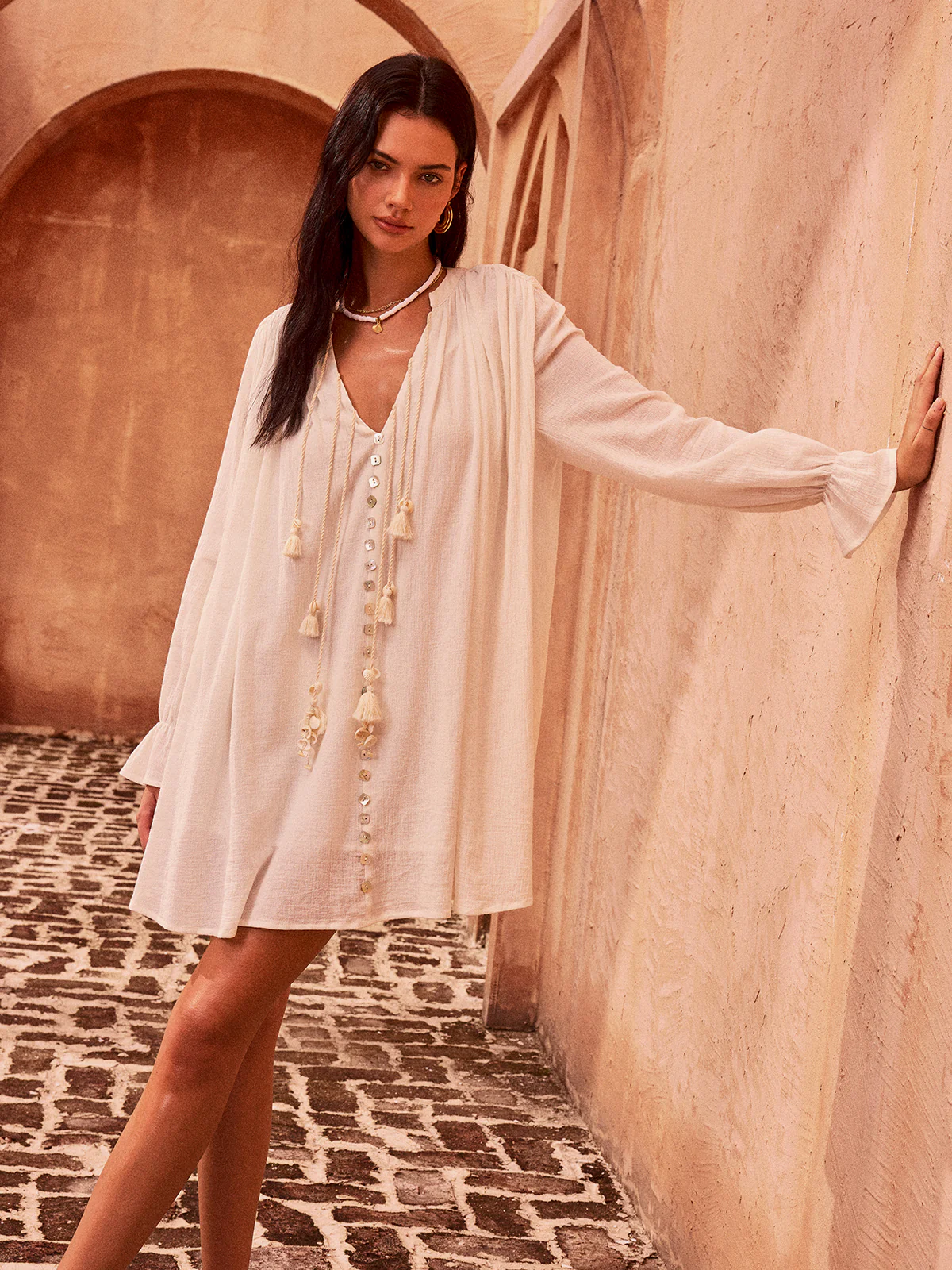 Tasseled Button Cotton Mini Dress - Wholesalesil