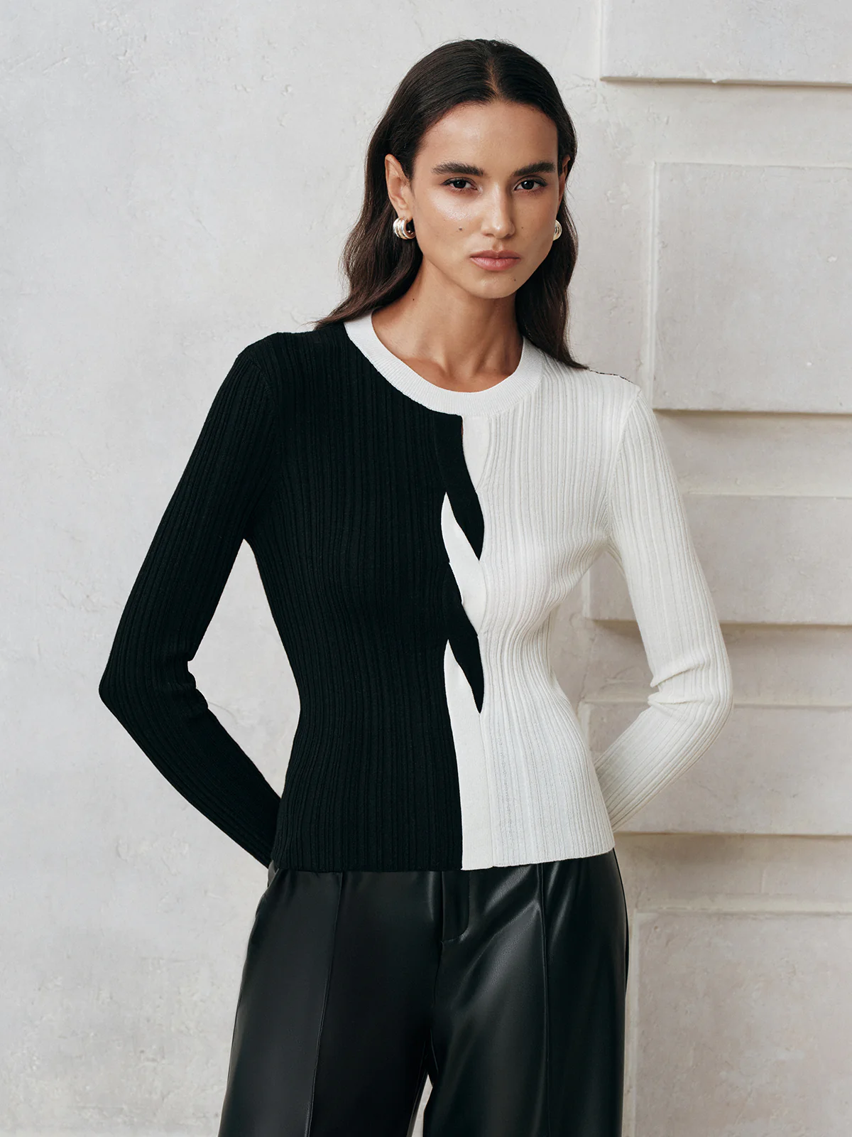 Asymmetric Color-Block Ribbed Sweater - Wholesalesil