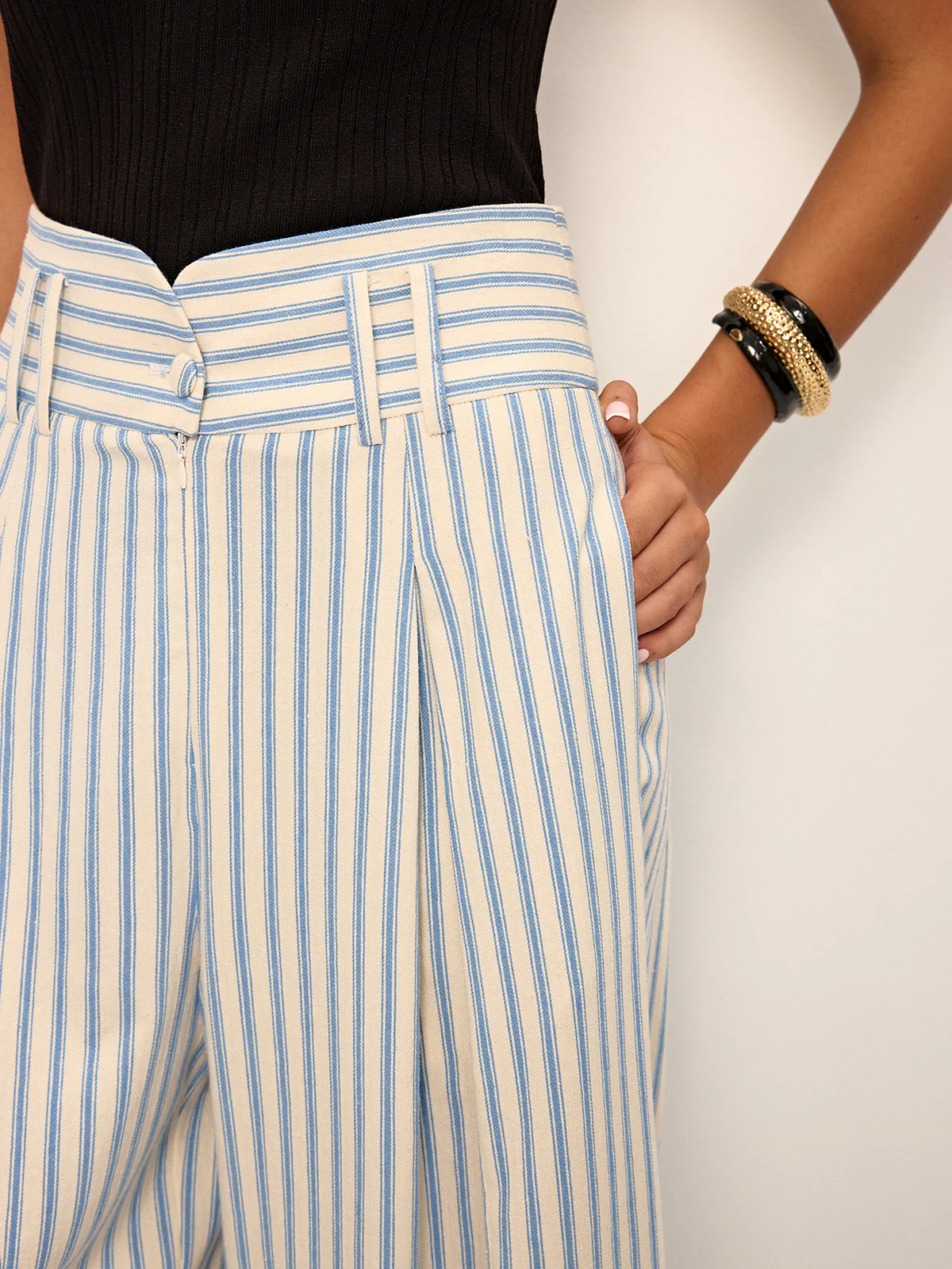 Cotton Striped Pleated Wide-Leg Pants - Wholesalesil