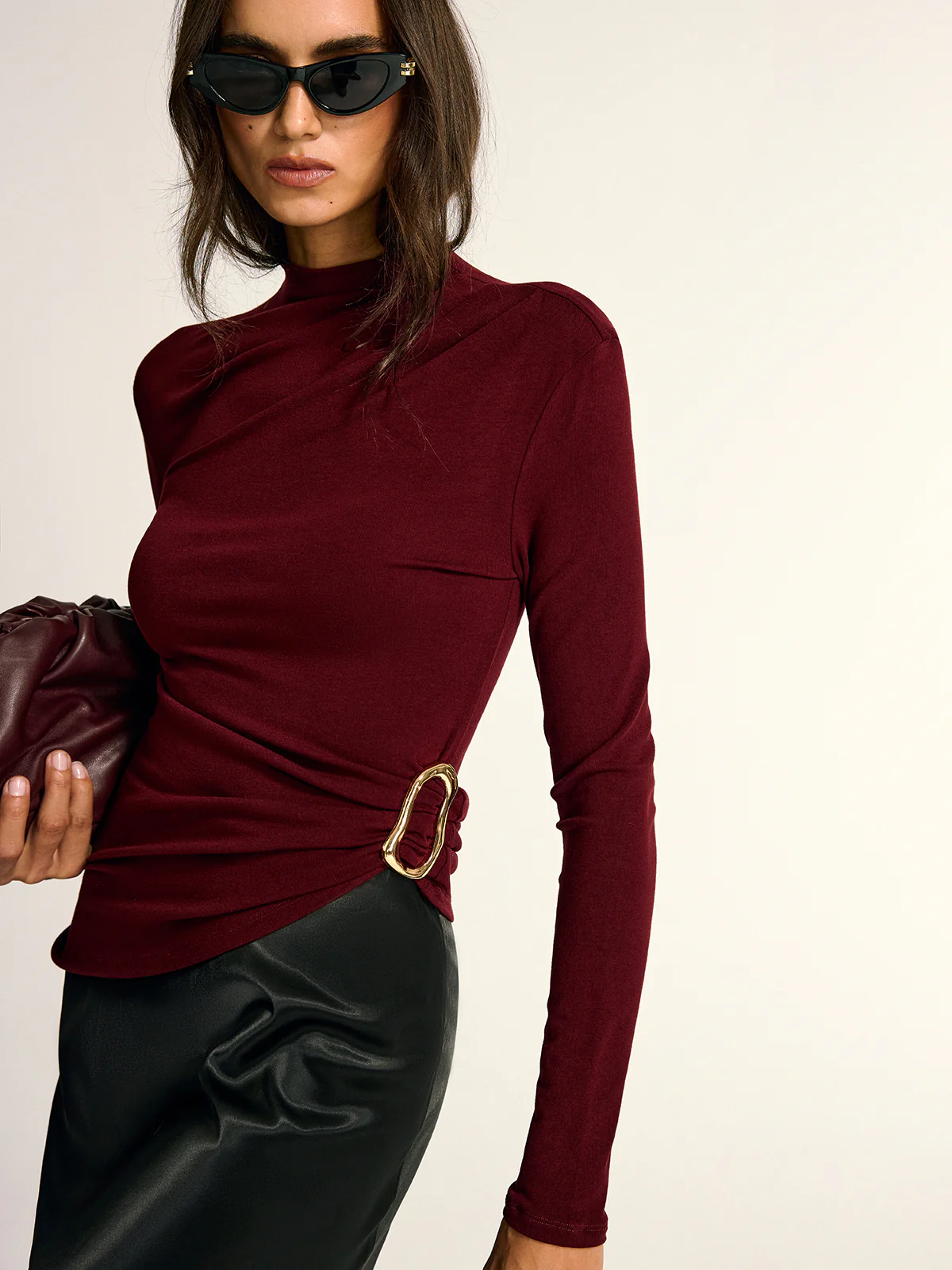 Metal Buckle Asymmetric Mock Neck Blouse - Wholesalesil