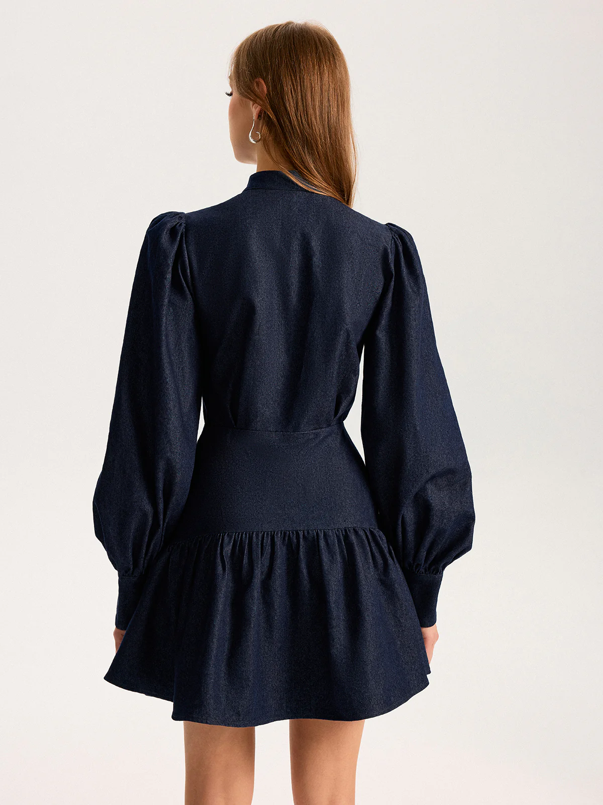 Denim Stand Collar Puff Sleeve Mini Dress - Wholesalesil