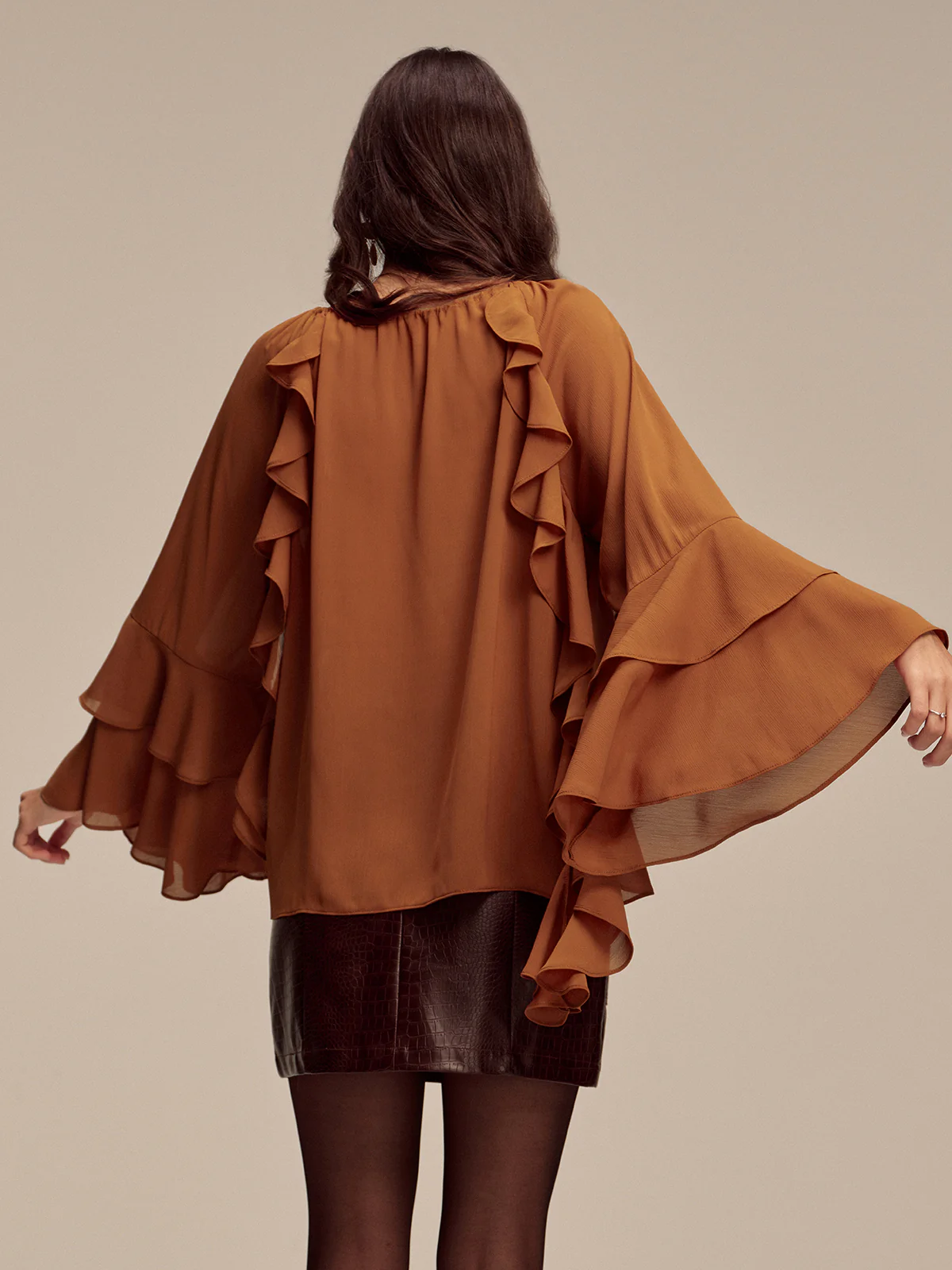 Chiffon Ruffled Tiered Sleeve Tie-Neck Blouse - Wholesalesil