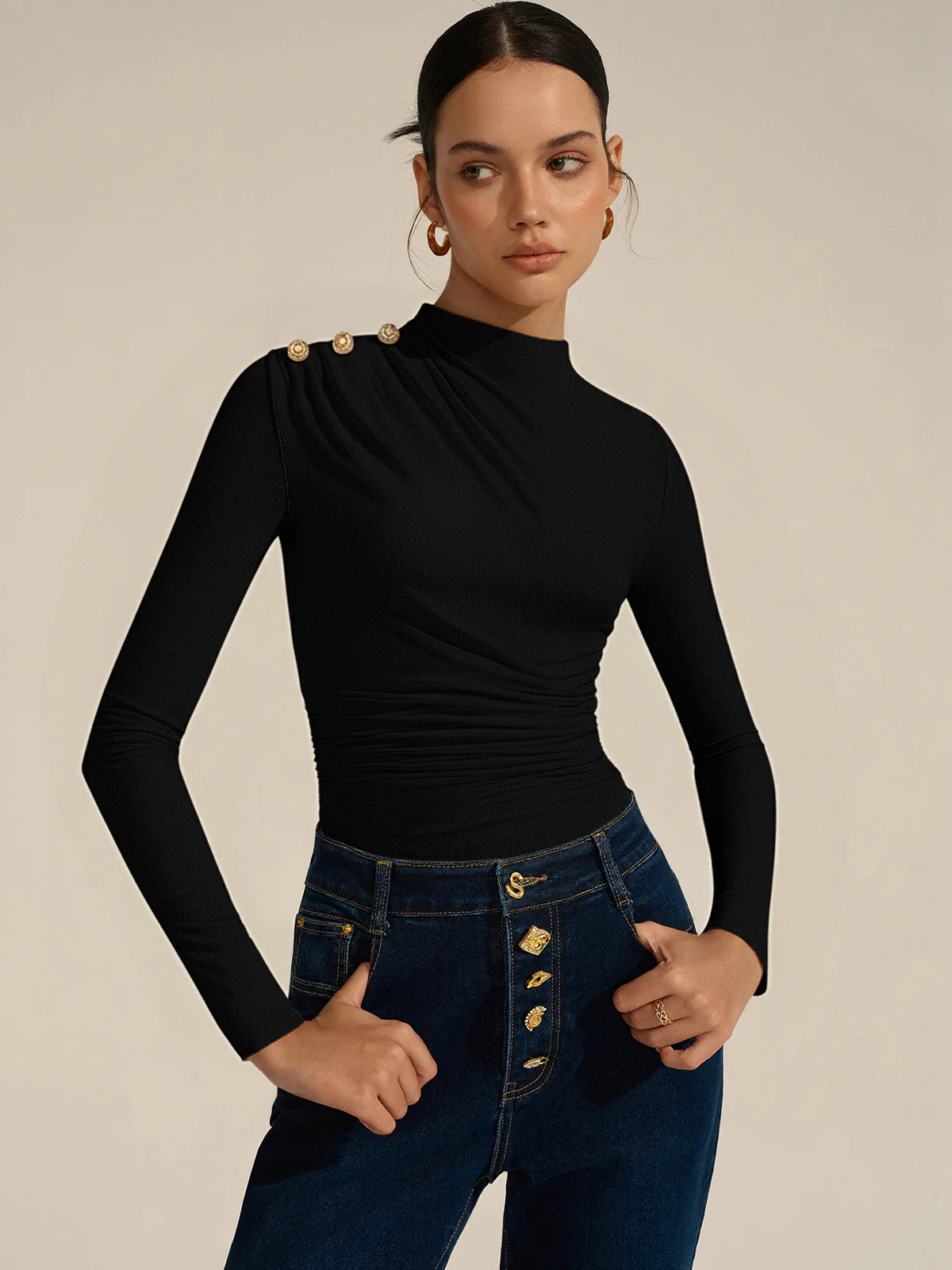 Ruched Shoulder-Decor Long Sleeve Bodysuit - Wholesalesil