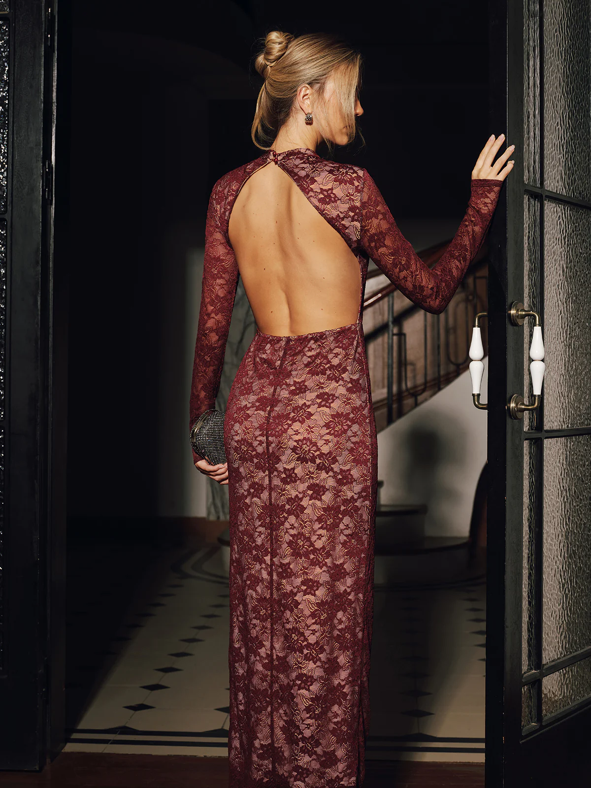 Lace Long Sleeve Fitted Backless Maxi Dress - Wholesalesil