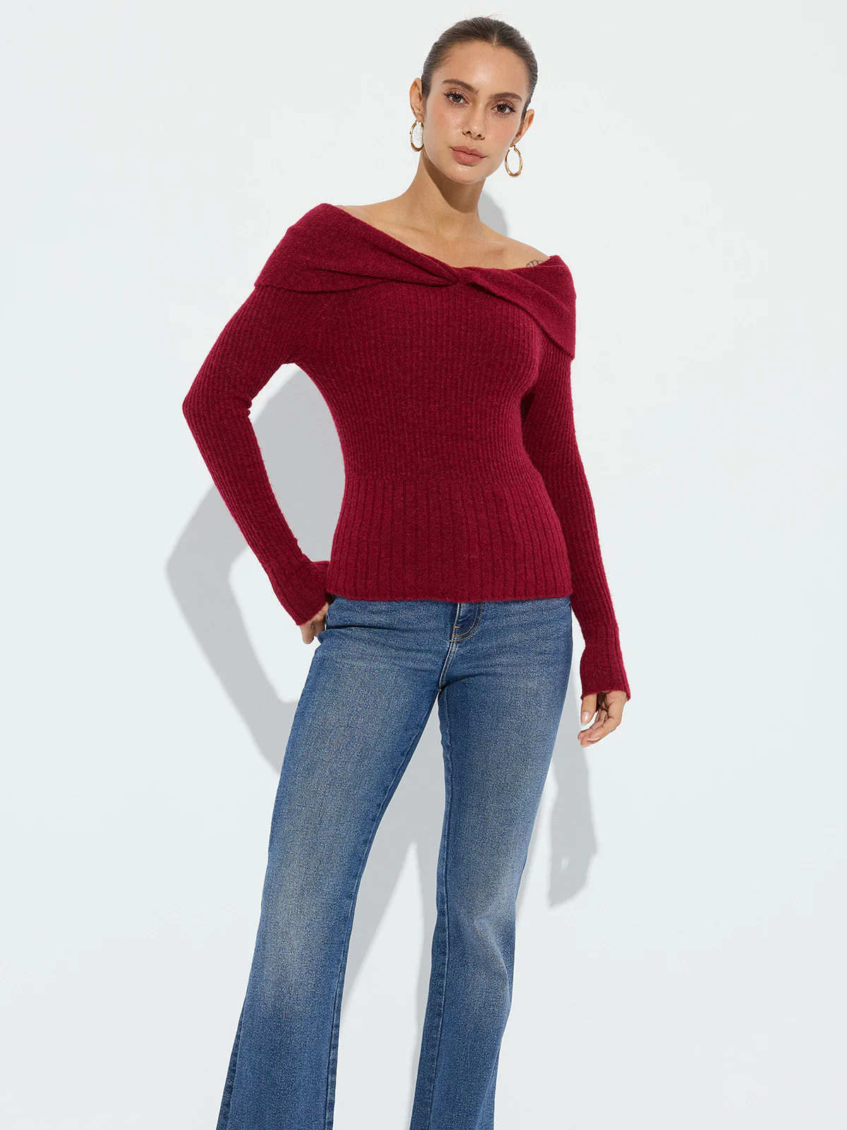 Wool Blend Twisted Off-Shoulder Knit Sweater - Wholesalesil