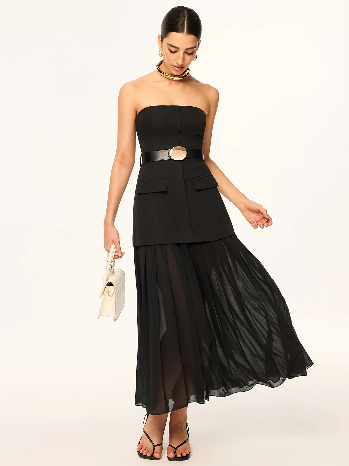 Semi-Sheer Strapless Belted Midi Dress with Chiffon Hem - Wholesalesil