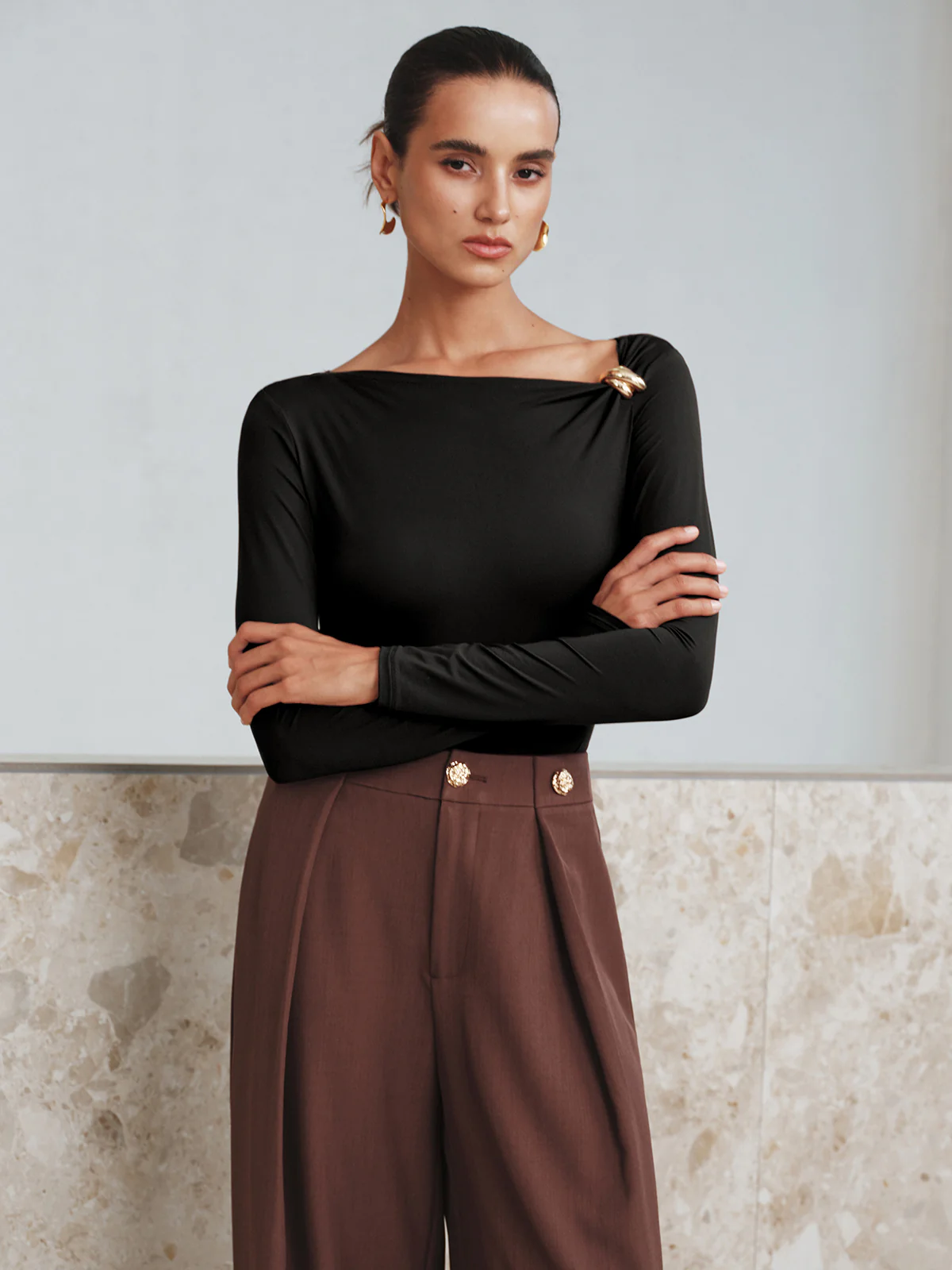 Metal Detail Asymmetric Neckline Bodysuit - Wholesalesil