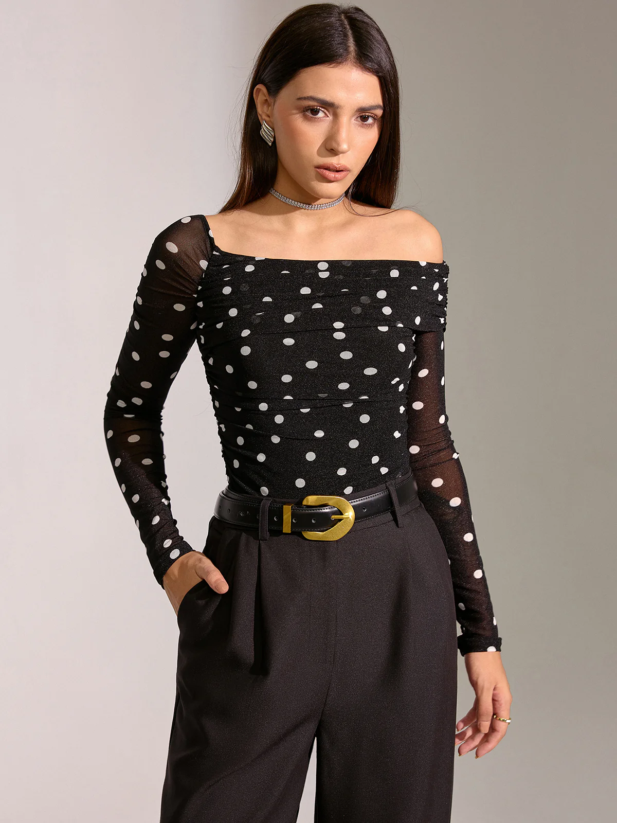 Semi-Sheer Mesh Polka Dot Ruched Off-Shoulder T-Shirt - Wholesalesil