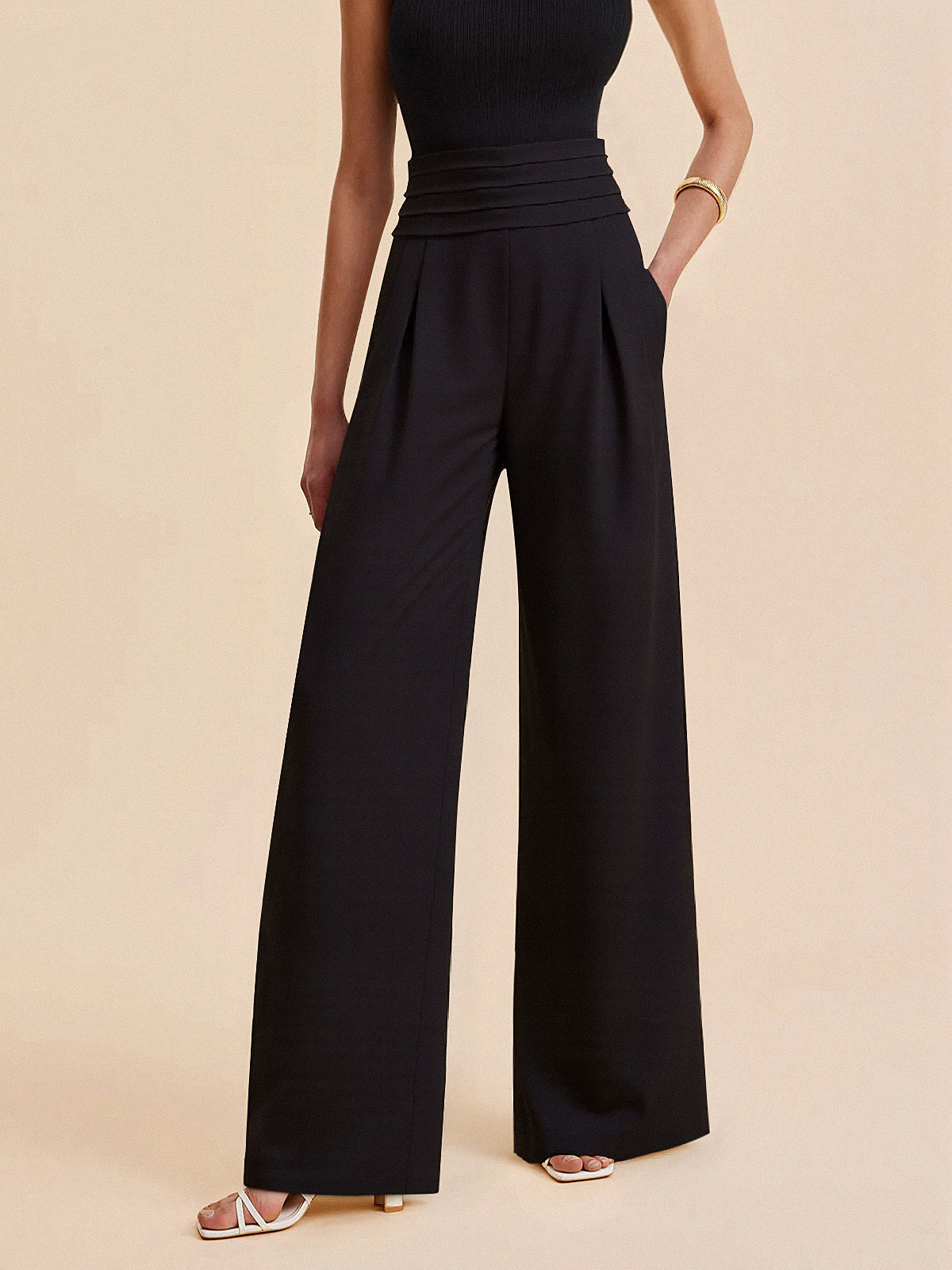 High-Waist Pleated-Waistband Wide-Leg Pants - Wholesalesil