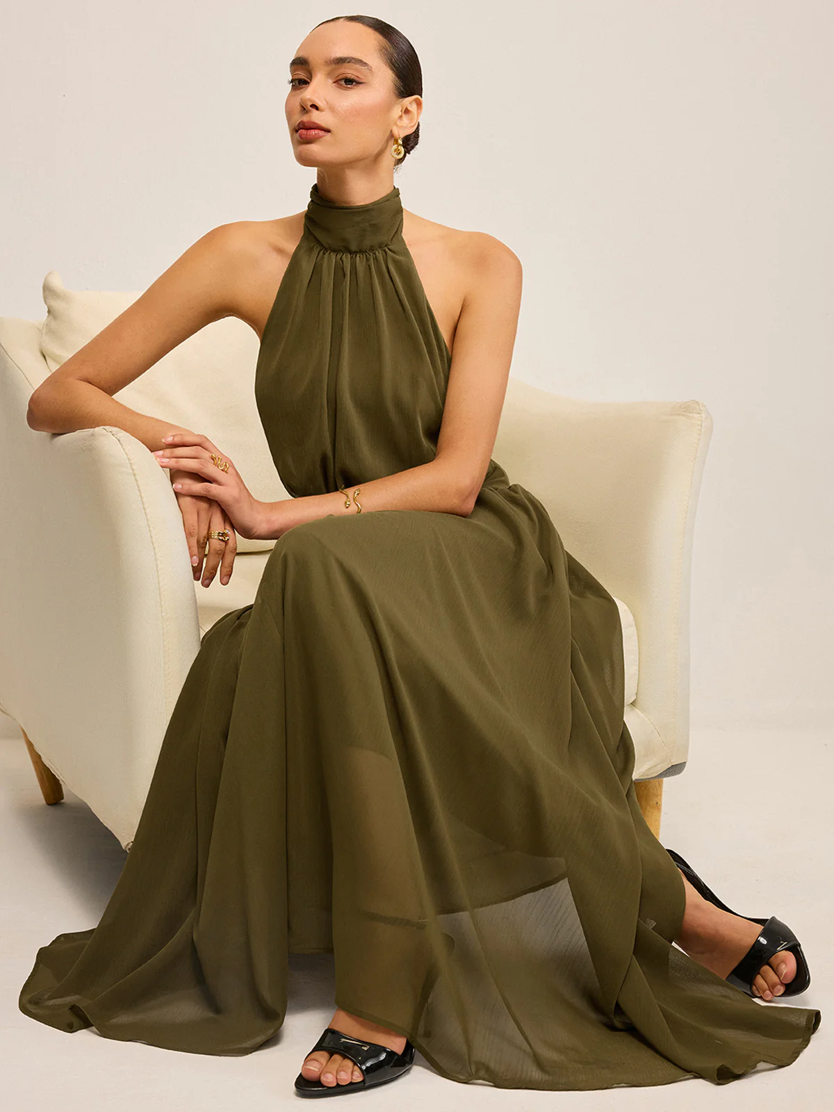 Semi-Sheer Halter Neck Chiffon Maxi Dress with Back Bow - Wholesalesil