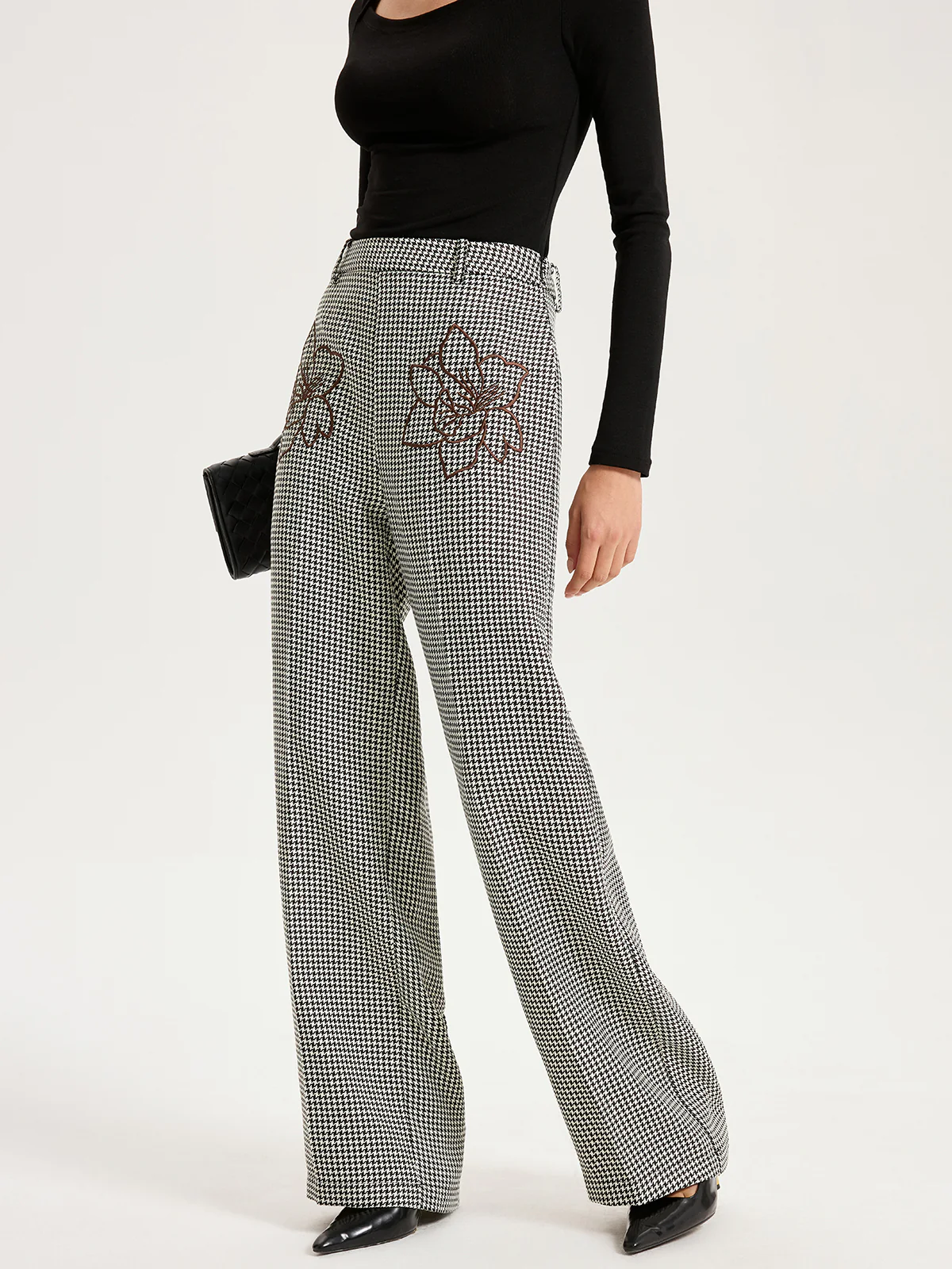 Houndstooth Embroidered Straight-Leg Pants - Wholesalesil