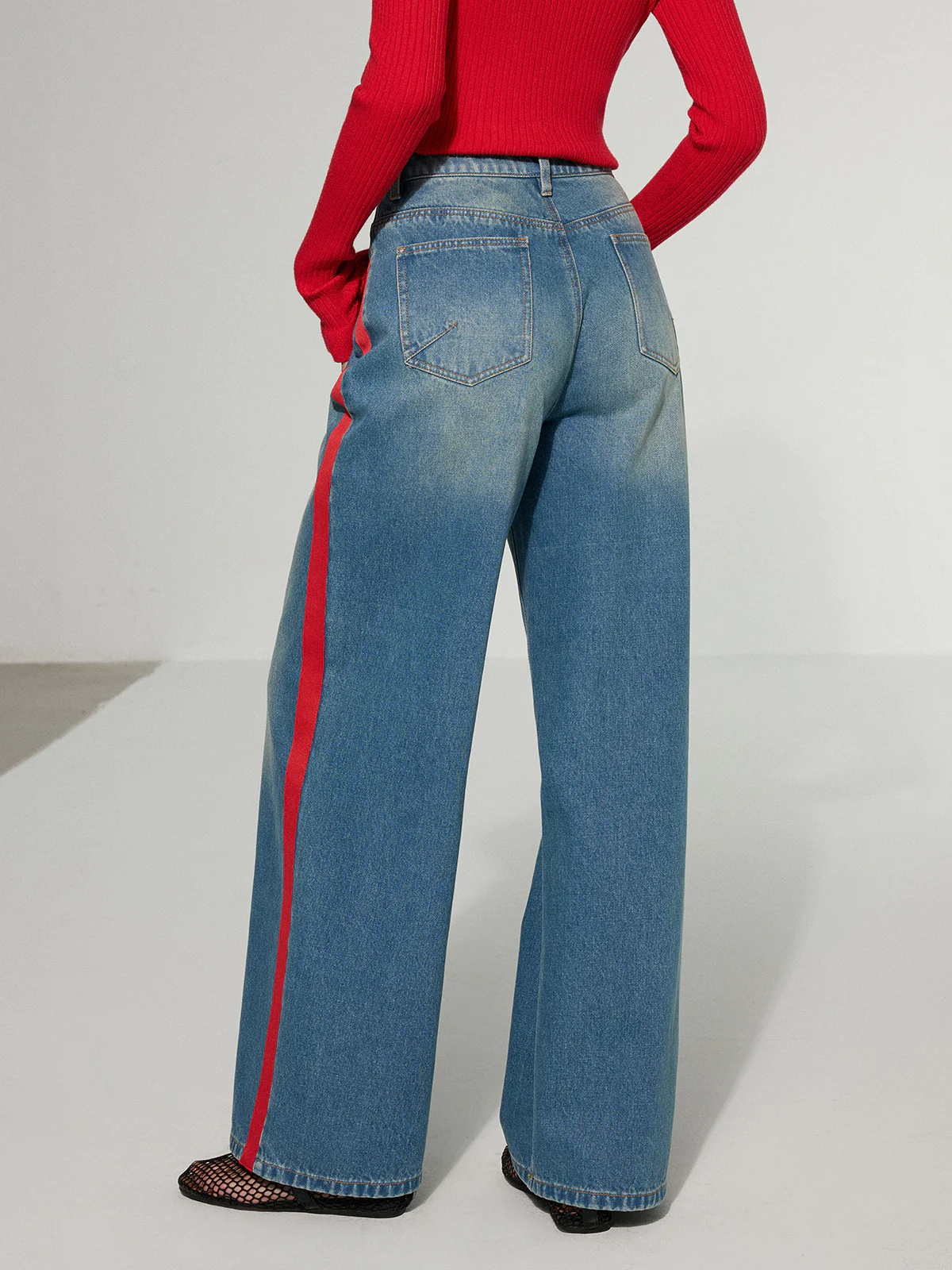 Contrast Side Striped Wide-Leg Jeans - Wholesalesil