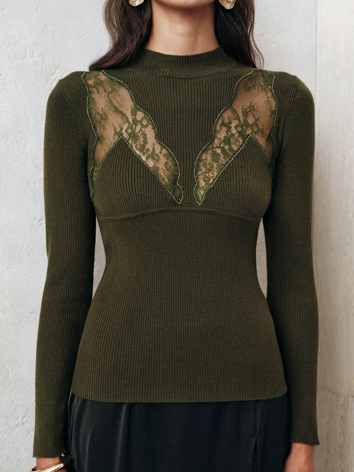 Sheer Lace Panel Mock Neck Sweater - Wholesalesil