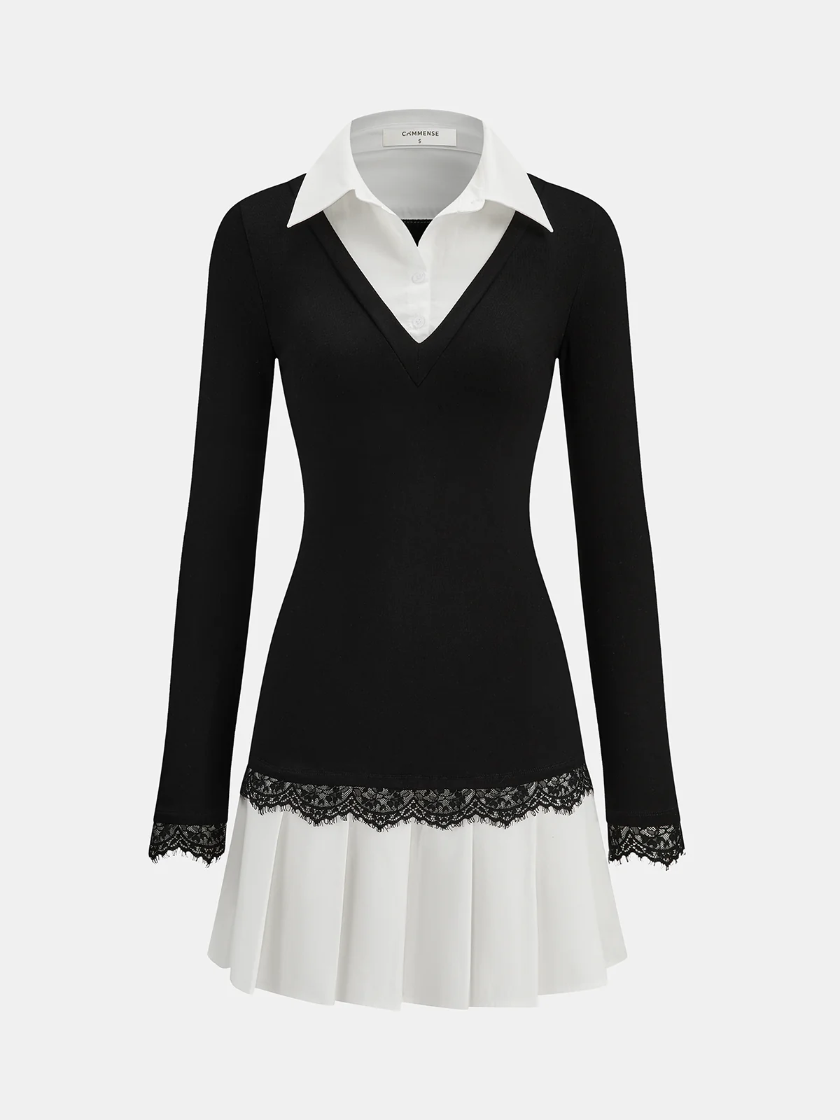 Color-Block Collared Pleated Lace Detail Mini Dress - Wholesalesil