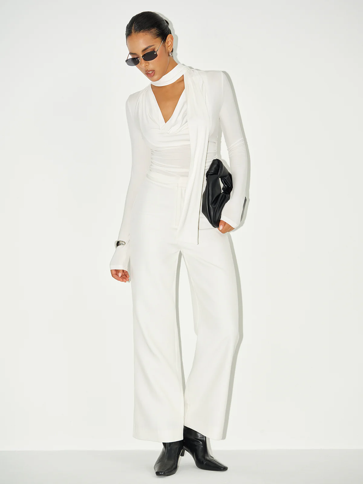 Cowl Neck Long Sleeve Tie Detail Knit Top - Wholesalesil