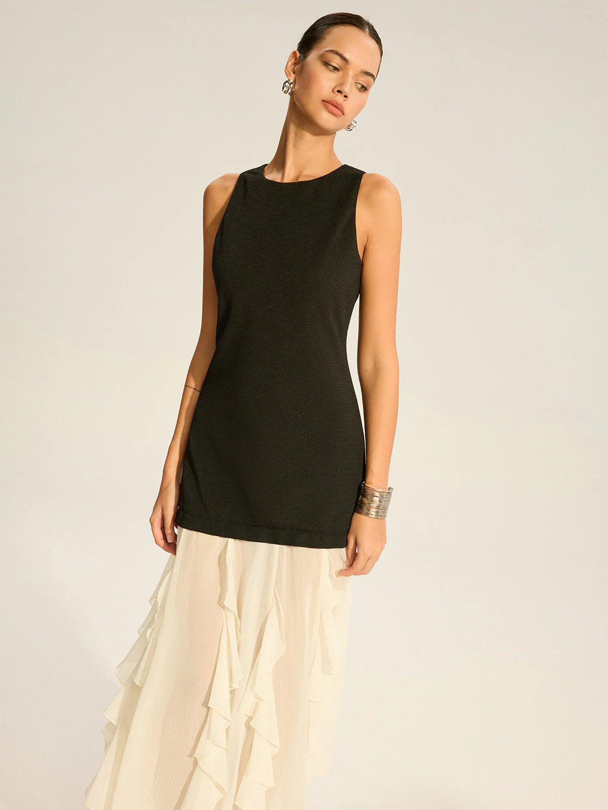 2 in 1 Semi-Sheer Ruffled Hem Maxi Dress - Wholesalesil