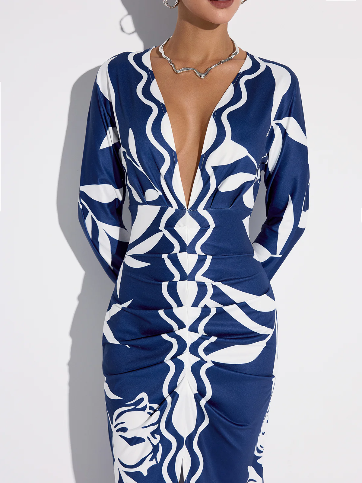 Printed Plunge Neck Slit Midi Dress - Wholesalesil