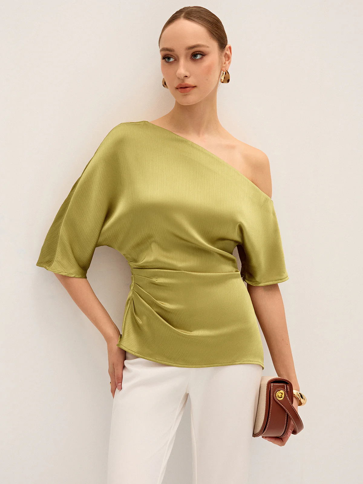 Satin One-Shoulder Ruched Top - Wholesalesil