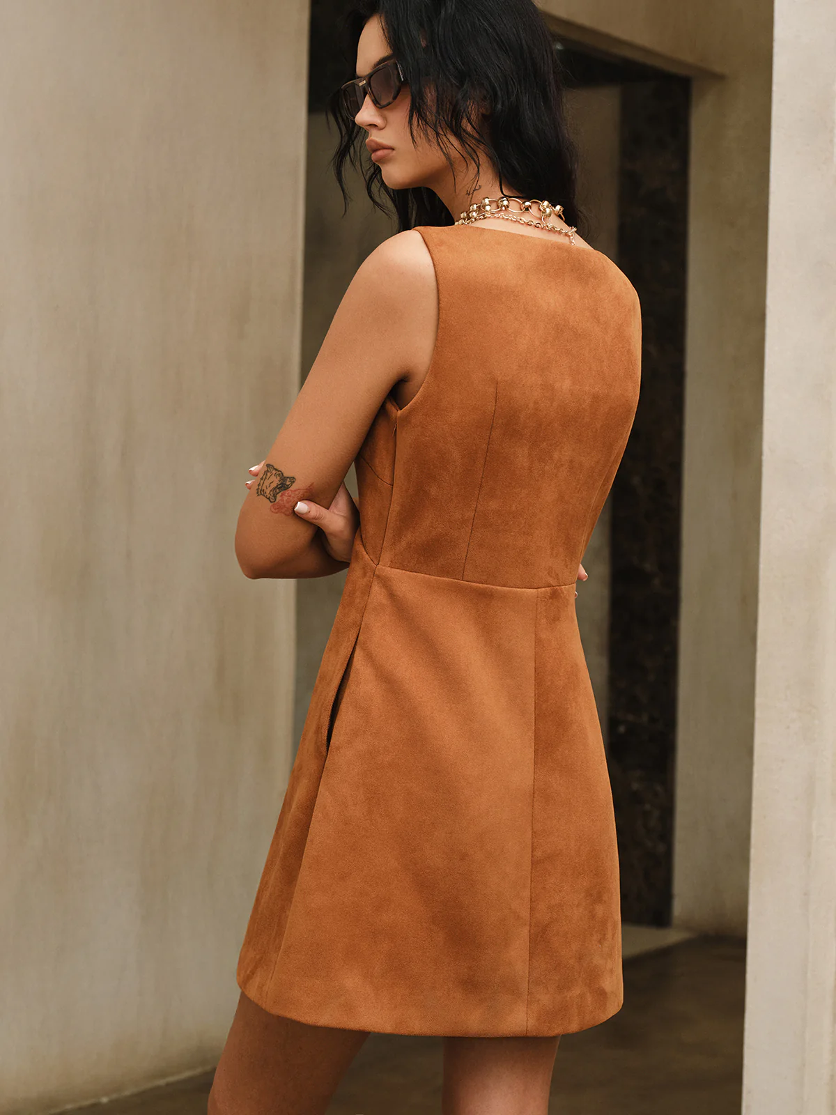 Suede Effect V-Neck Sleeveless Mini Dress - Wholesalesil