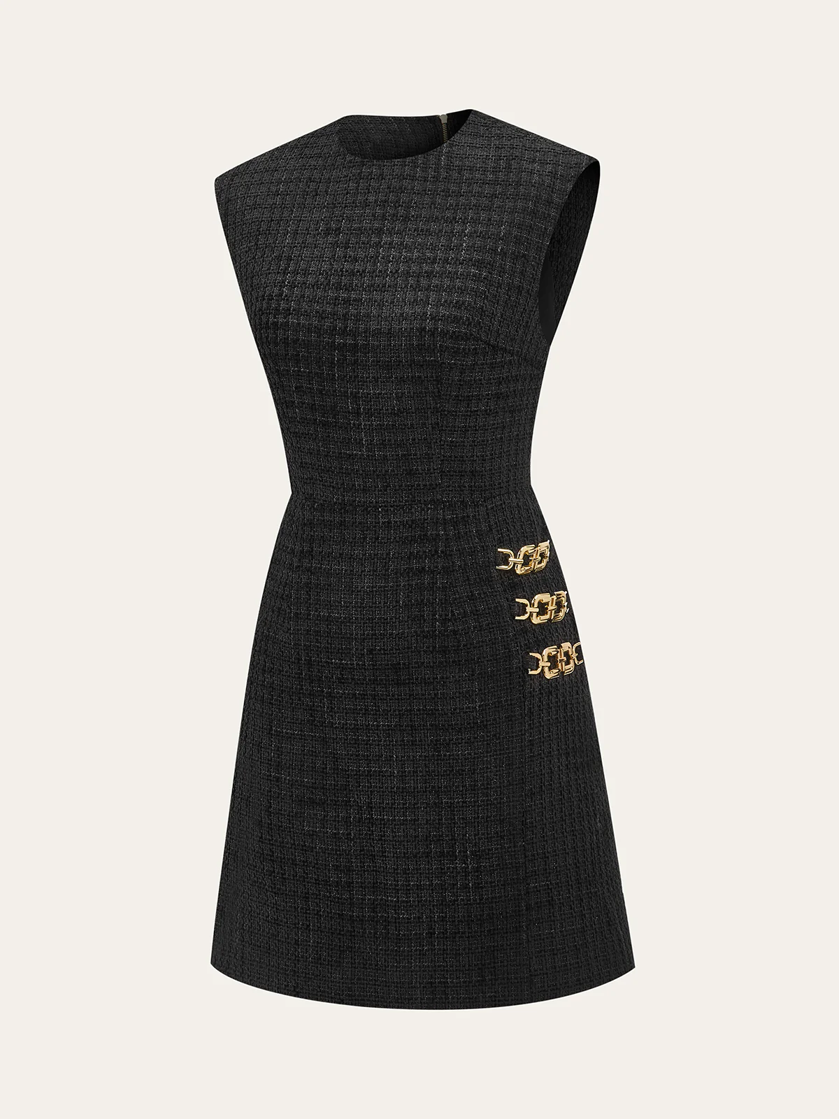 Chain Detail Tweed Sleeveless Mini Dress - Wholesalesil