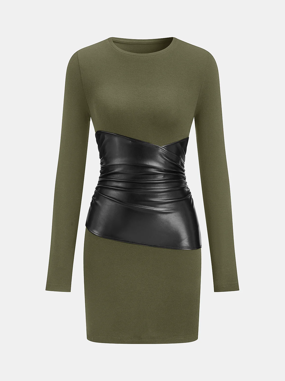 PU Leather Panel Long Sleeve Knit Dress - Wholesalesil