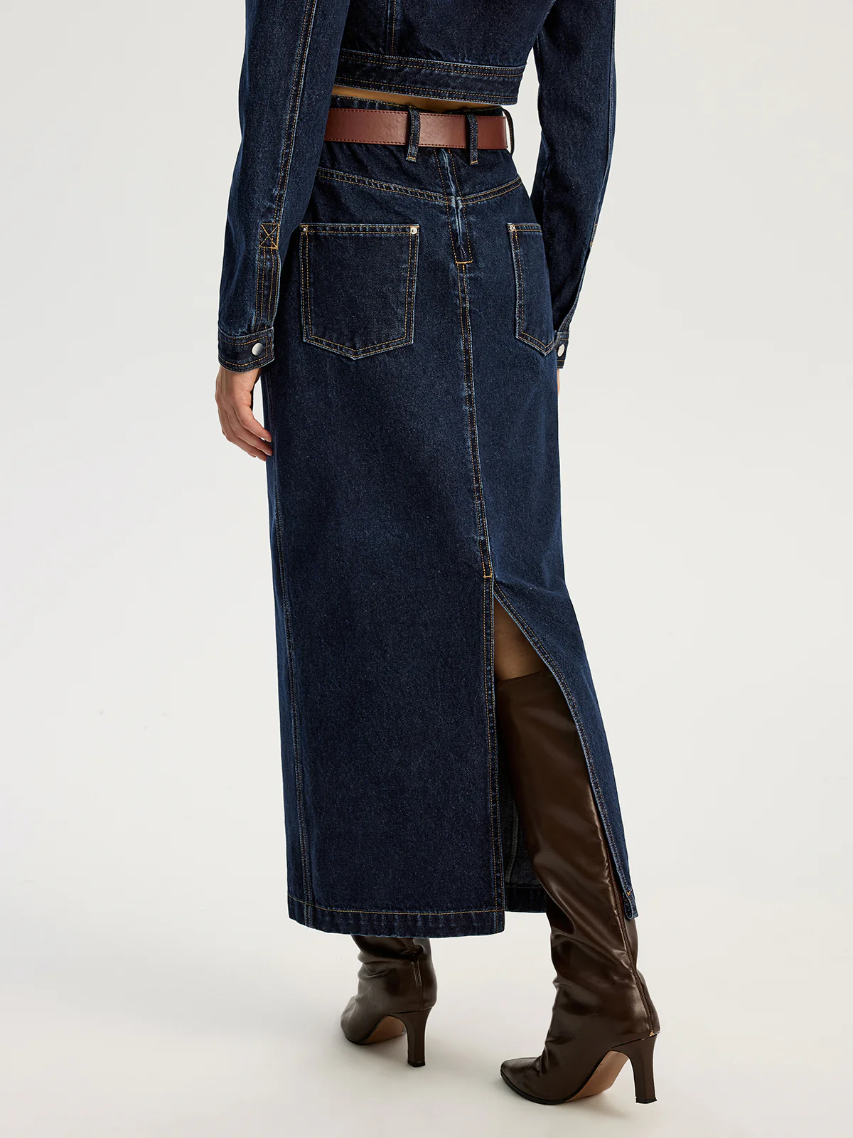 Belted Denim Maxi Skirt - Wholesalesil