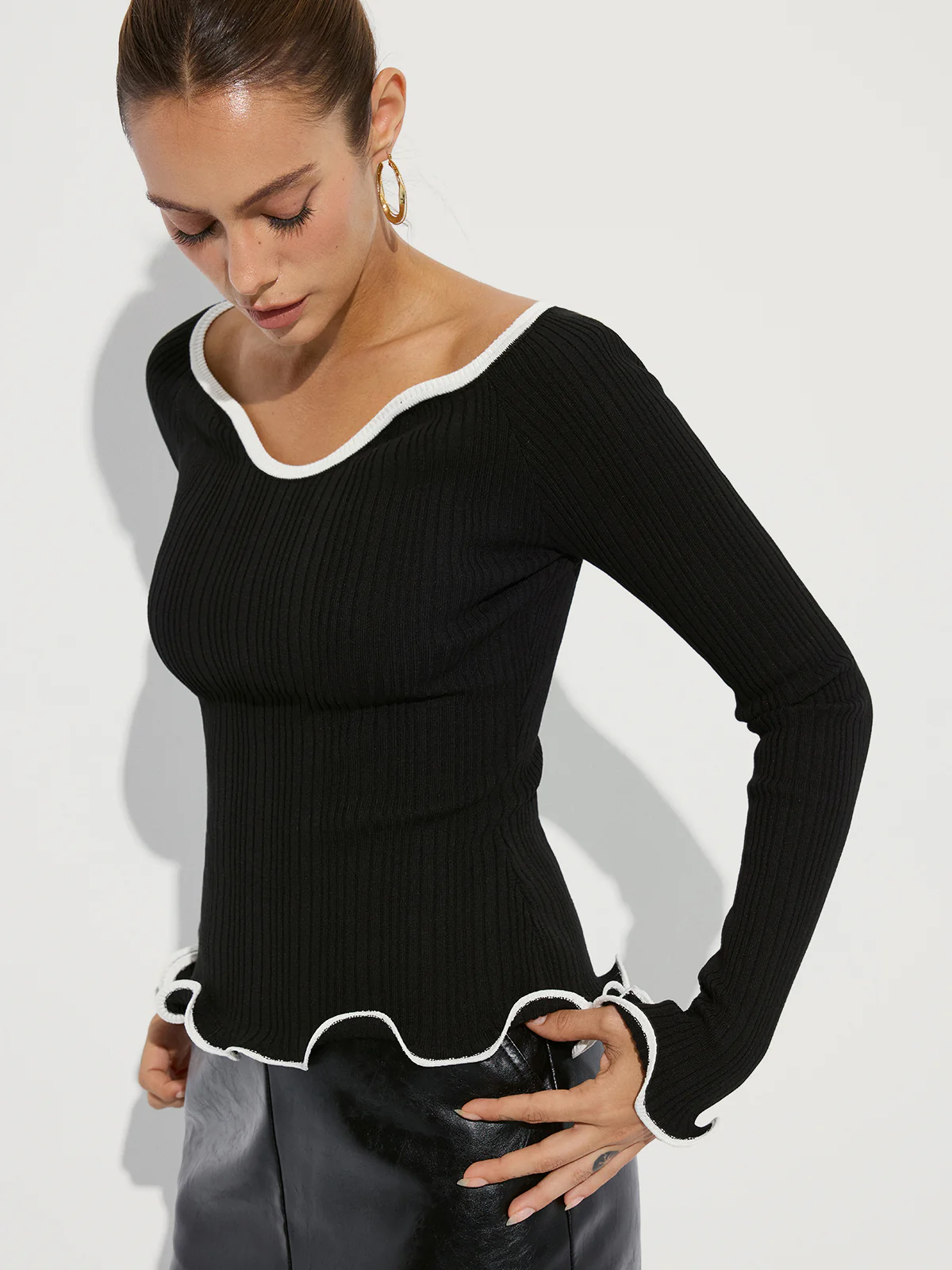 Contrast Ruffle Trim Ribbed Knit Top - Wholesalesil