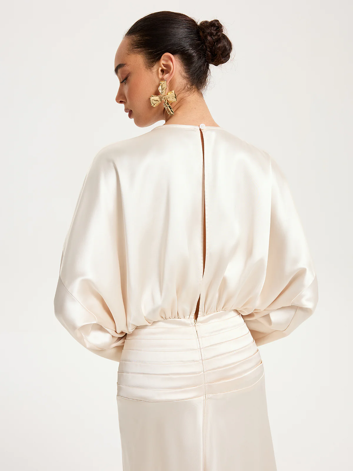 Satin Long Sleeve Pleated Waist Maxi Dress - Wholesalesil