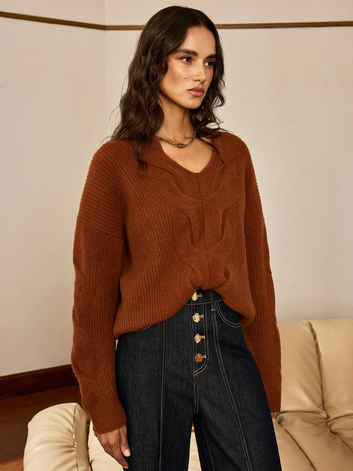 Wool Blend Textured Knit V-Neck Sweater - Wholesalesil