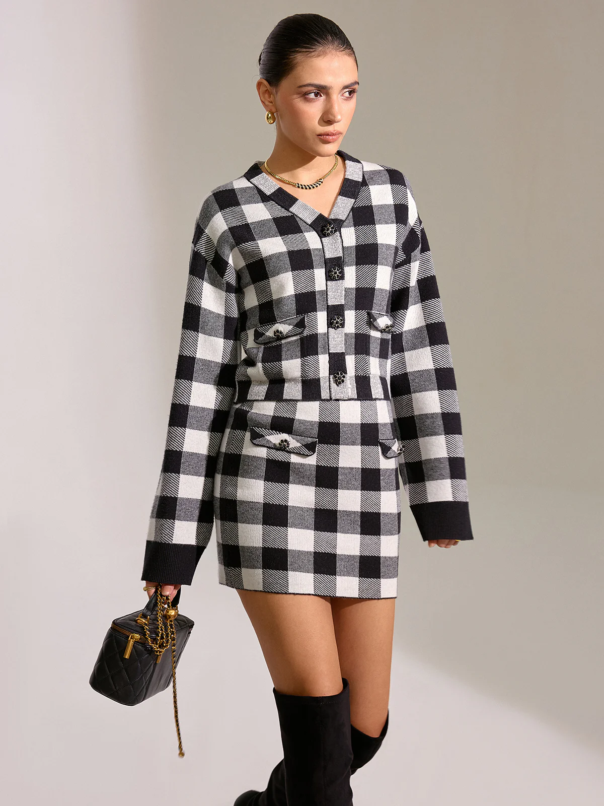 Checkered Wool Blend Button Cardigan - Wholesalesil