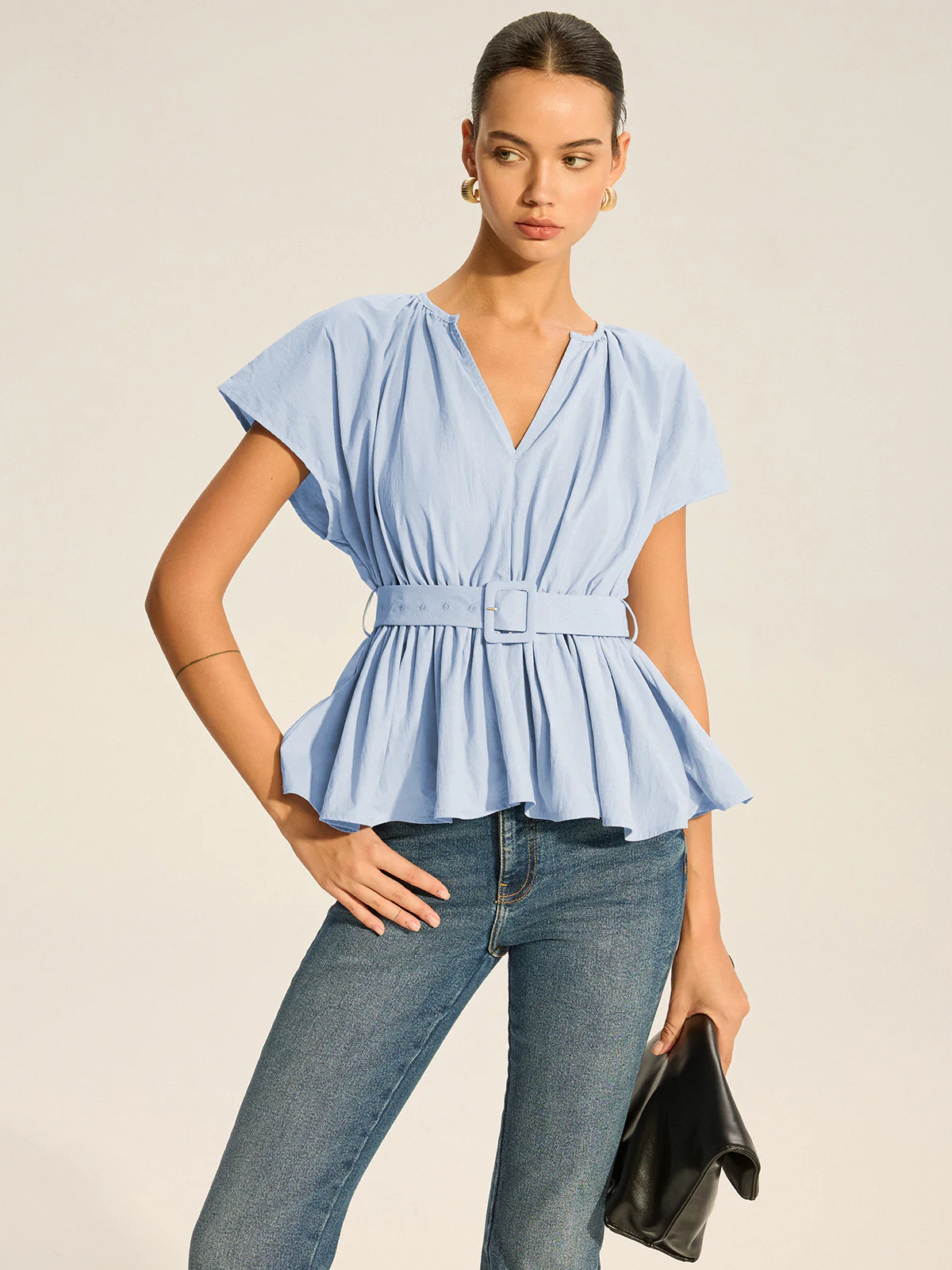 Belted V-Neck Pleated Peplum Top - Wholesalesil