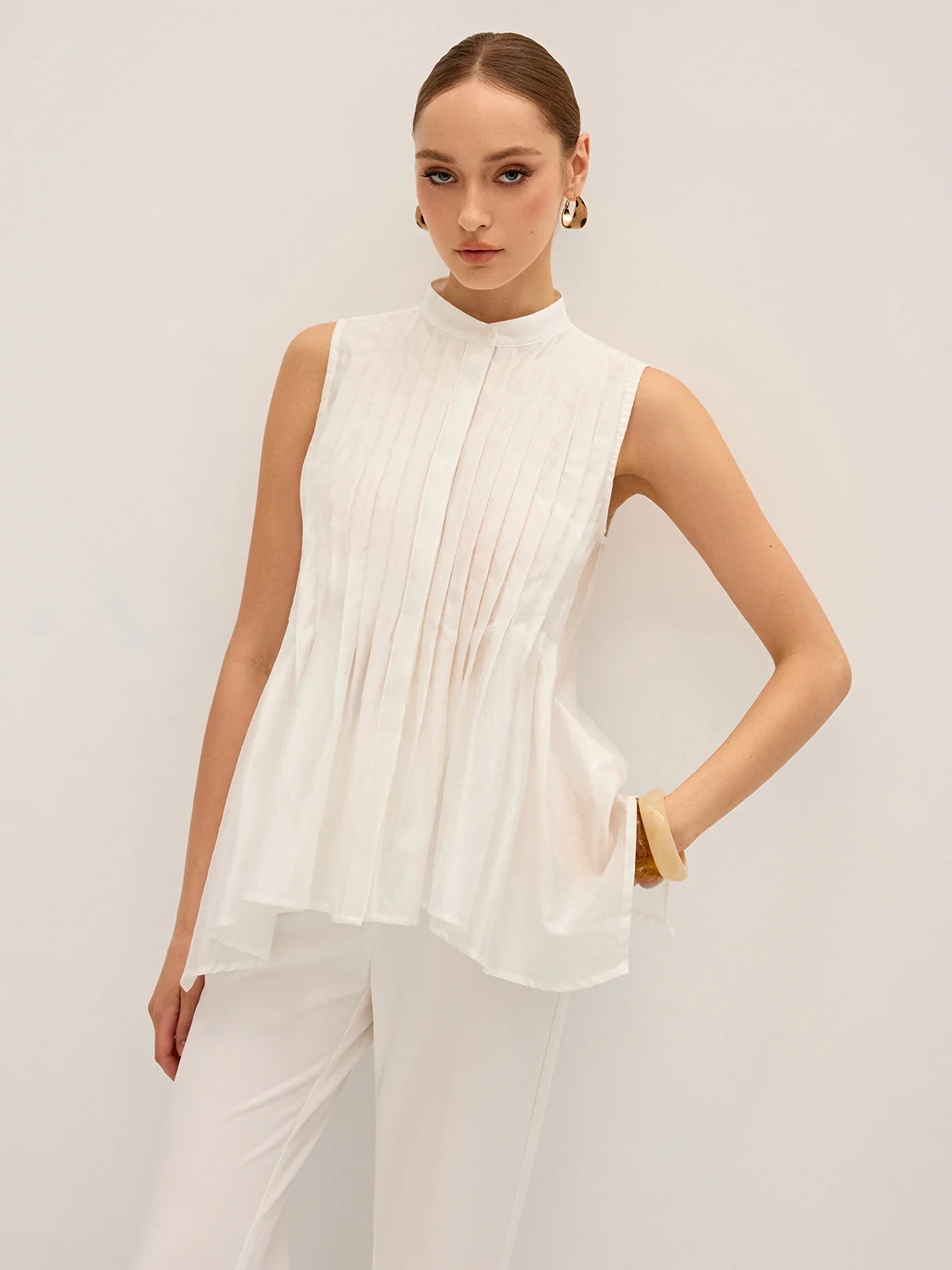 Semi-Sheer Pleated Mock Neck Blouse - Wholesalesil