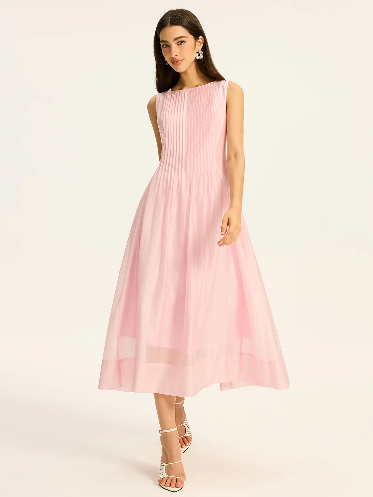 Semi-Sheer Tencel Pleated Sleeveless Midi Dress - Wholesalesil