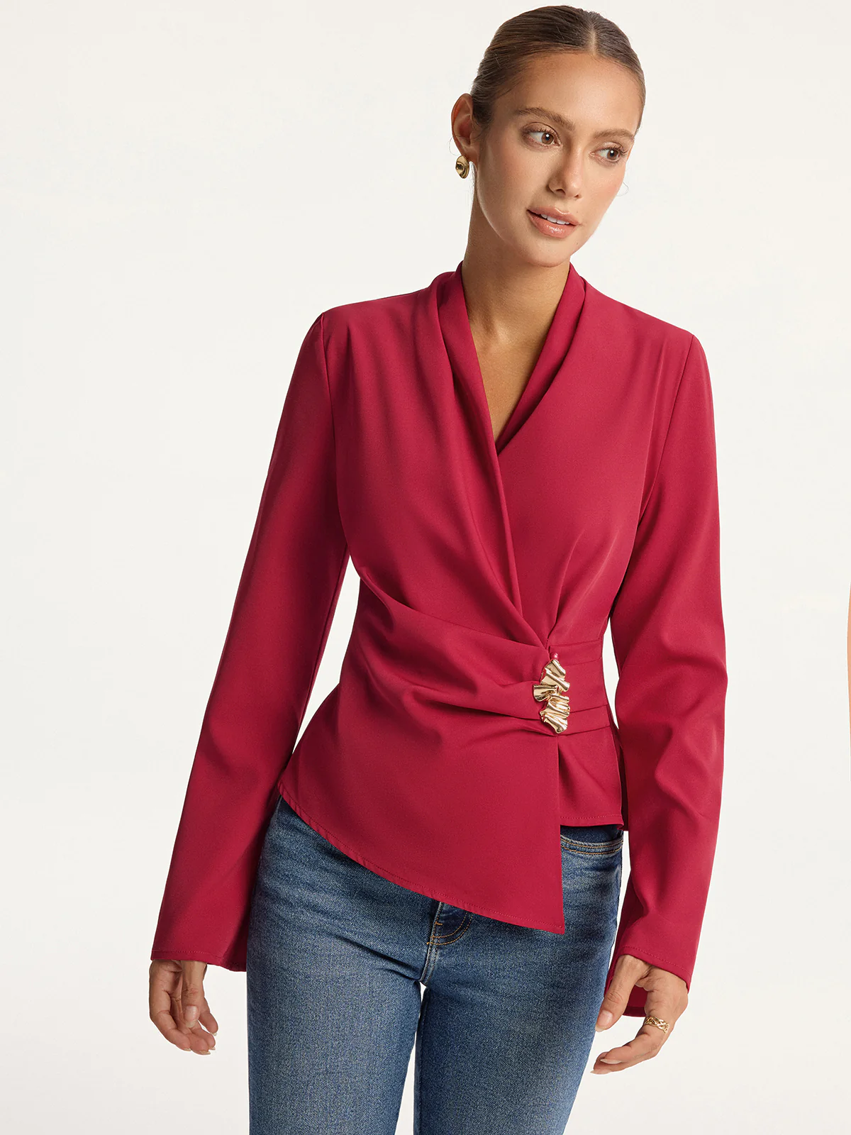 Asymmetric Metal Detail V-Neck Blouse - Wholesalesil