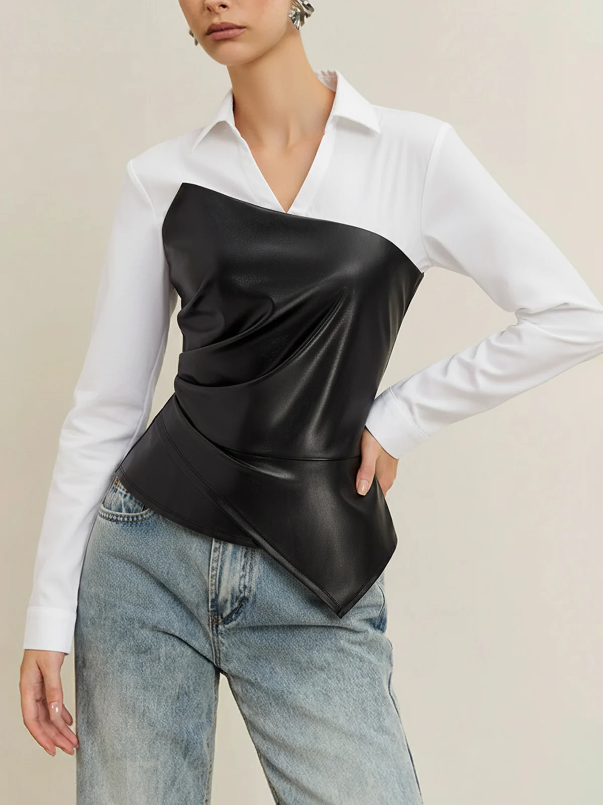 Asymmetric PU Leather Panel Blouse - Wholesalesil