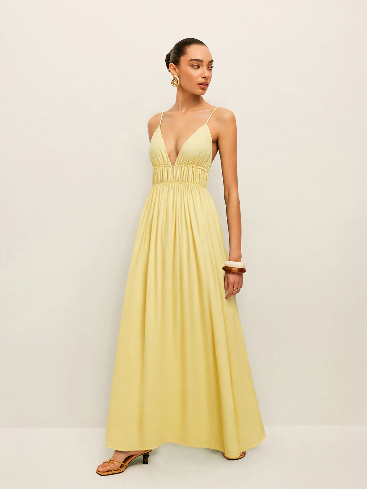 Spaghetti Strap Maxi Dress with Ruched Waist and Crisscross Back - Wholesalesil