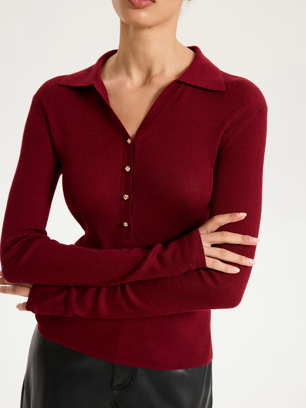 Wool-Blend Buttoned Long Sleeve Polo Knit Top - Wholesalesil