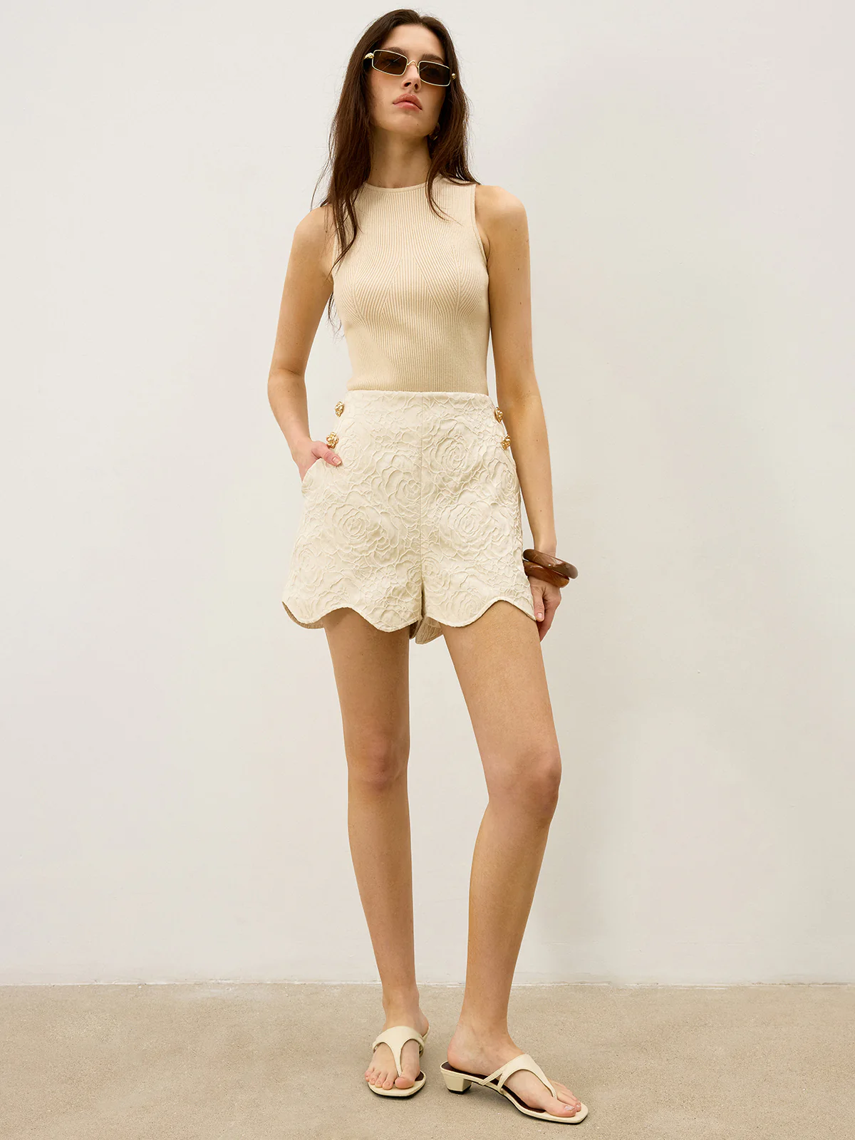 Wool-Blend Textured Jacquard Shorts with Metal Decor - Wholesalesil