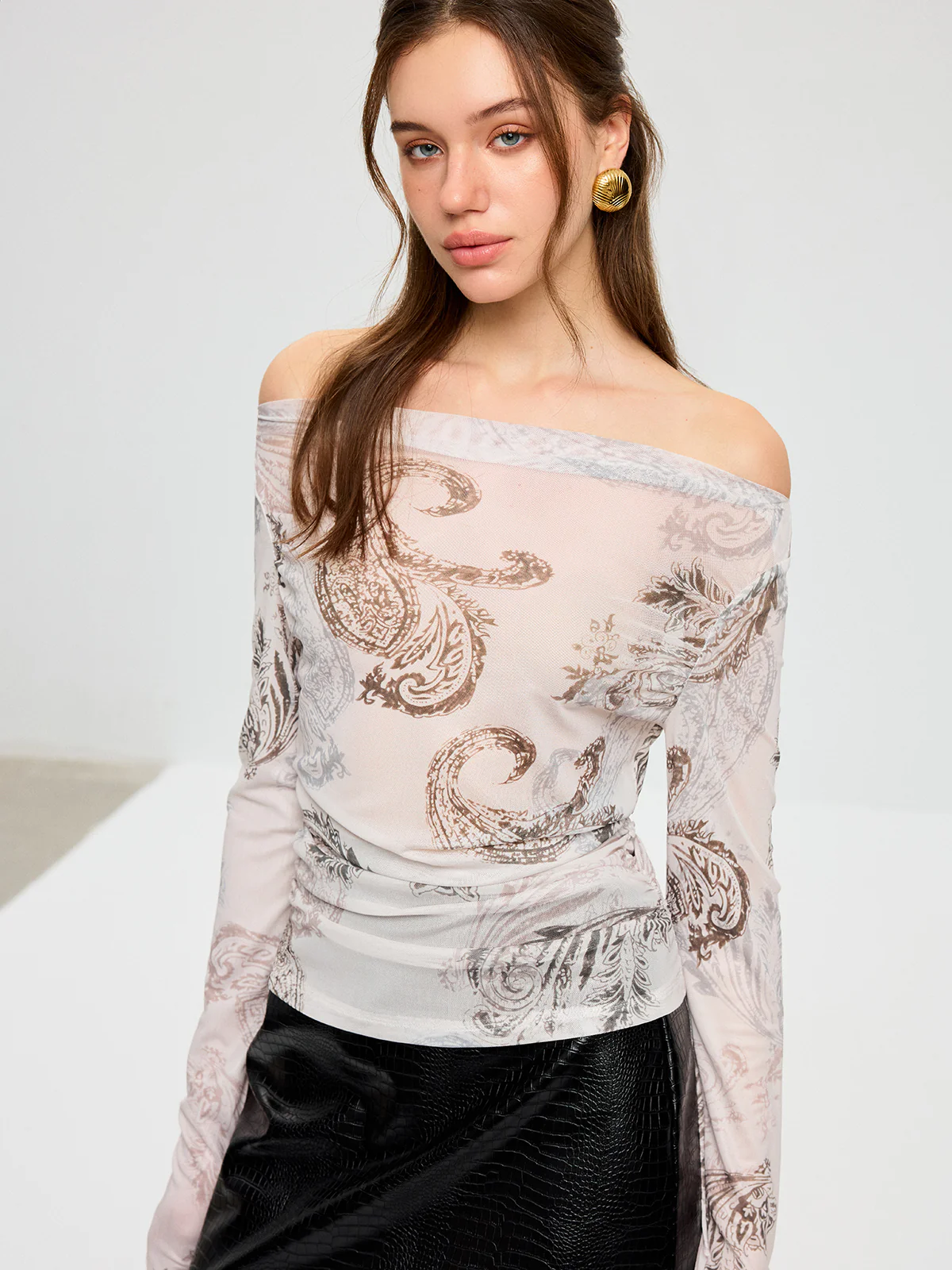 Paisley Print Off-Shoulder Sheer Mesh T-Shirt - Wholesalesil