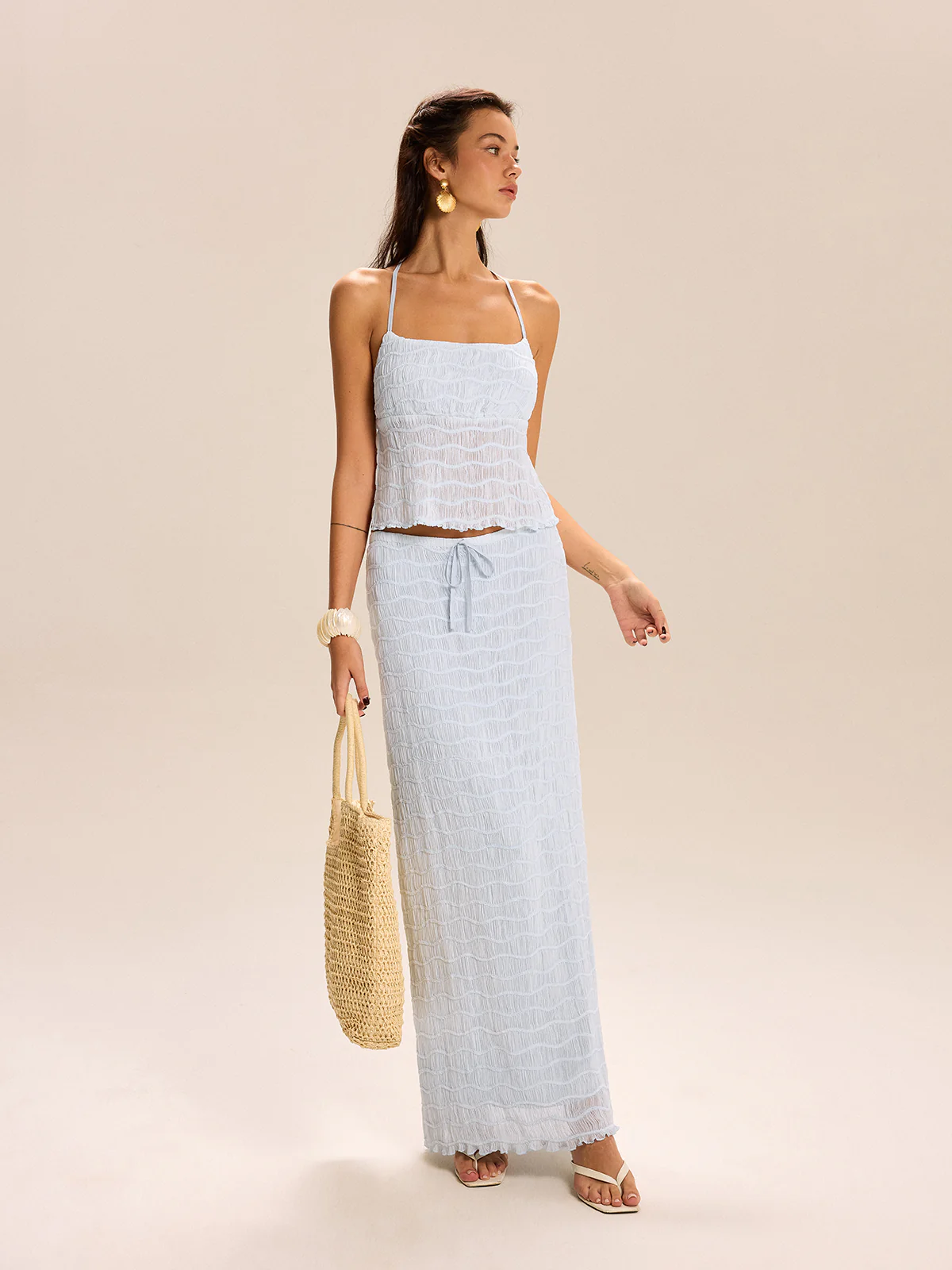 Textured Halter Crop Top and Skirt Set - Wholesalesil